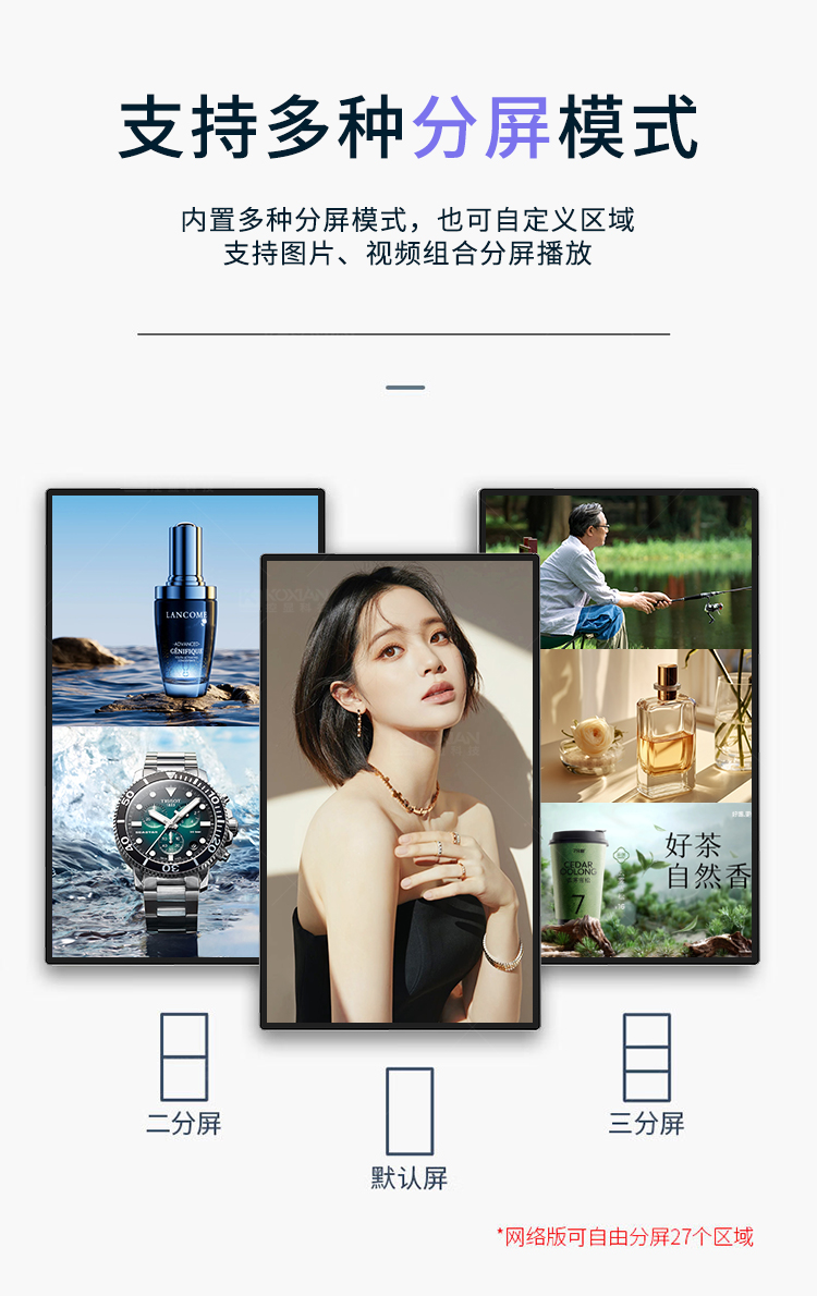 友控G3S吊挂式高清商用广告机支持默认屏、二分屏、三分屏等多种分屏模式