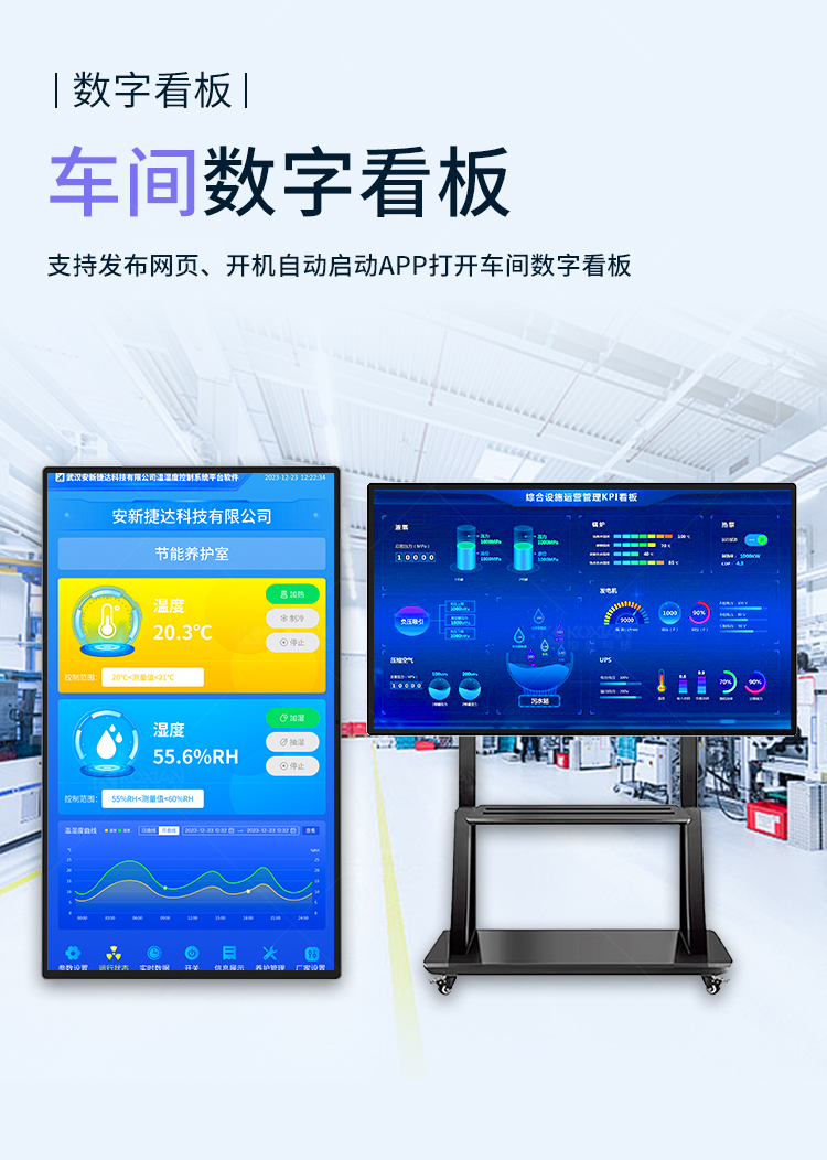 友控G3S吊挂式高清商用广告机可用于车间MES数字看板，支持发布网页、开机自启动APP打开车间数字看板