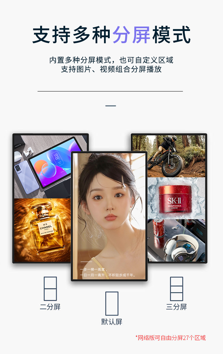 友控A2悬挂式高清商用广告机支持默认屏、二分屏、三分屏等多种分屏模式，也可自定义区域播放图片、视频分屏播放