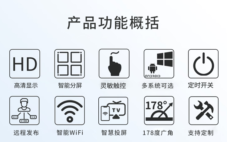 友控A6高清触摸立式广告机拥有4K高清分辨率、电容式多点触控、支持多操作系统和定时开关等10大功能