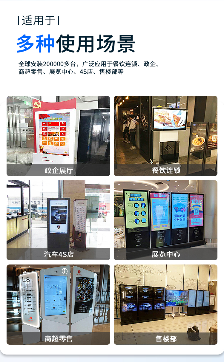 友控A6高清触摸立式广告机被广泛应用于展会、商超、连锁餐饮、汽车4S店和售楼部等