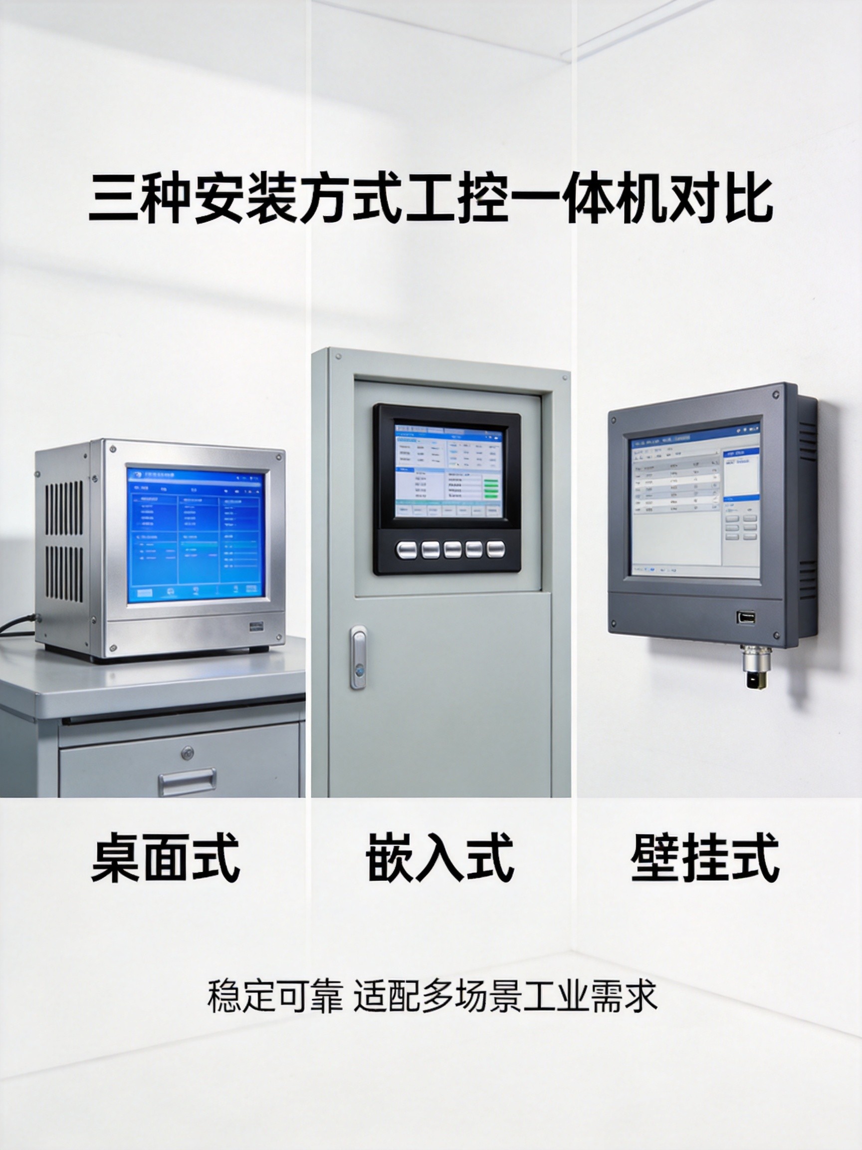 不同安装方式工控一体机产品陈列对比,桌面式嵌入式壁挂式并列展示