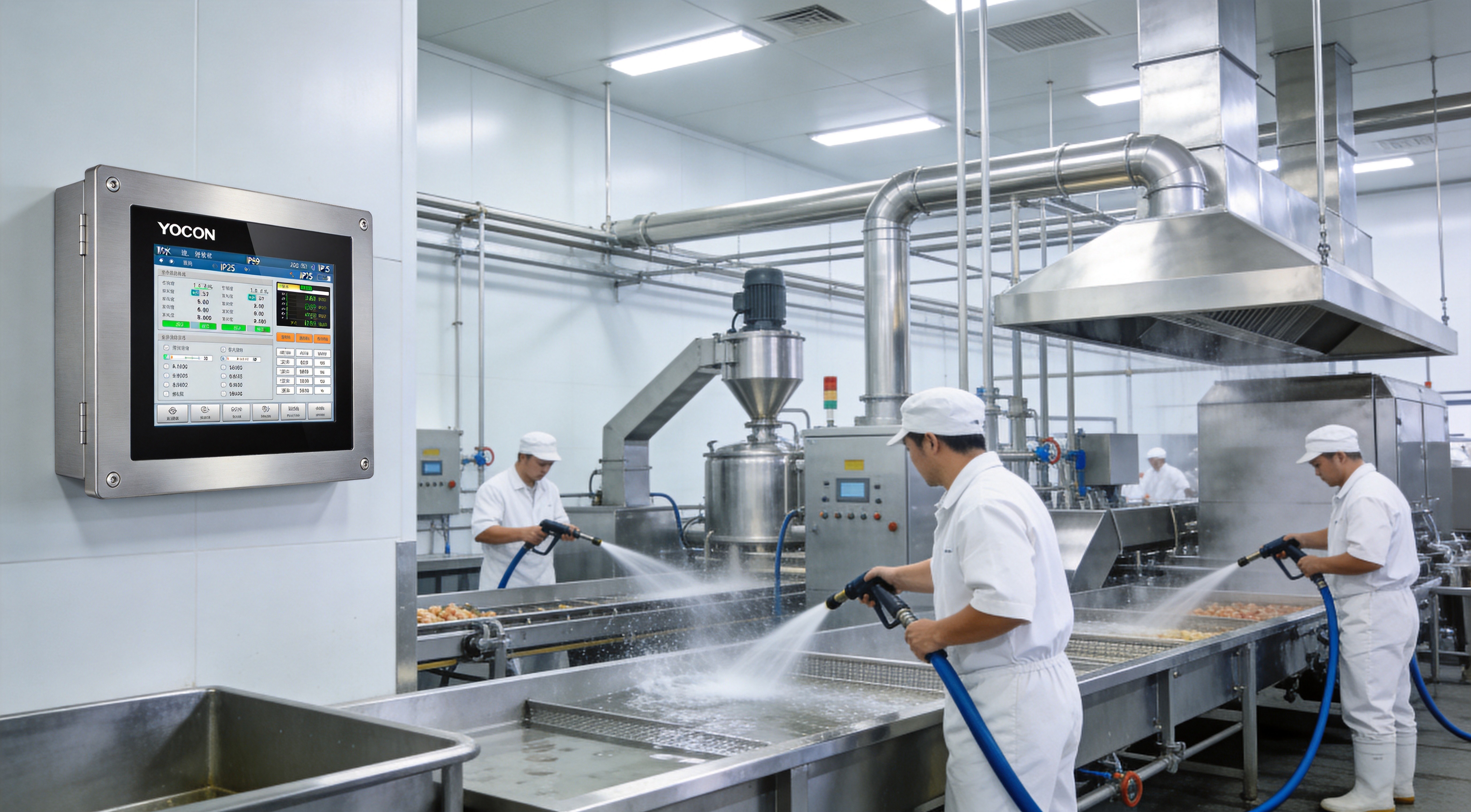防水工控一体机IP65防护等级够用吗？食品车间高压冲洗场景场景图