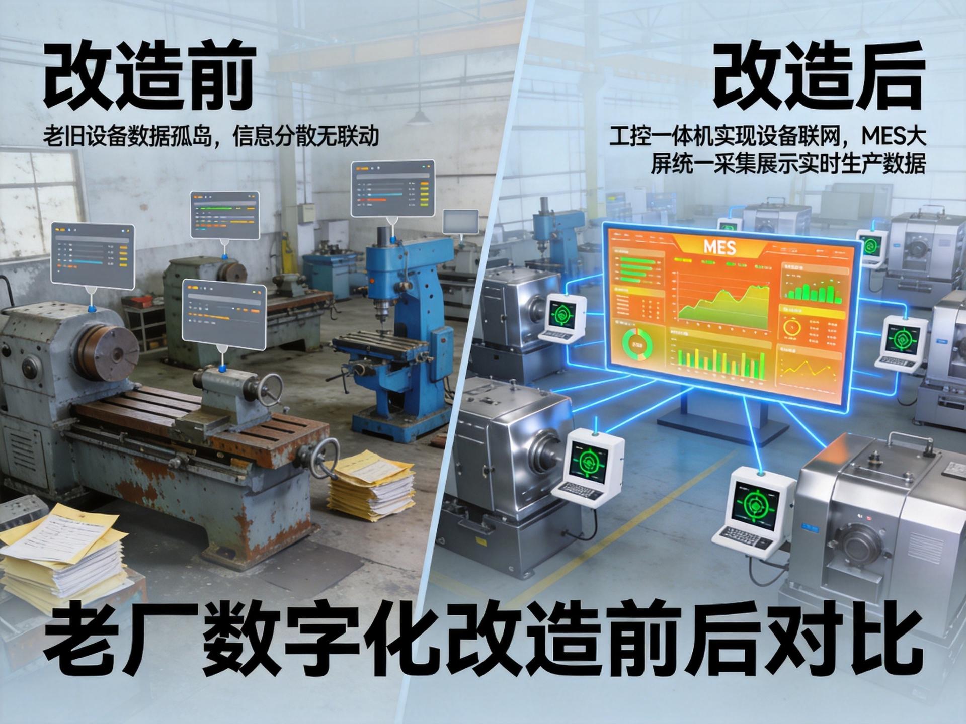 老厂数字化改造后MES大屏显示实时生产数据,旧设备通过工控一体机实现联网 老厂数字化改造后MES大屏显示实时生产数据,旧设备通过工控一体机实现联网