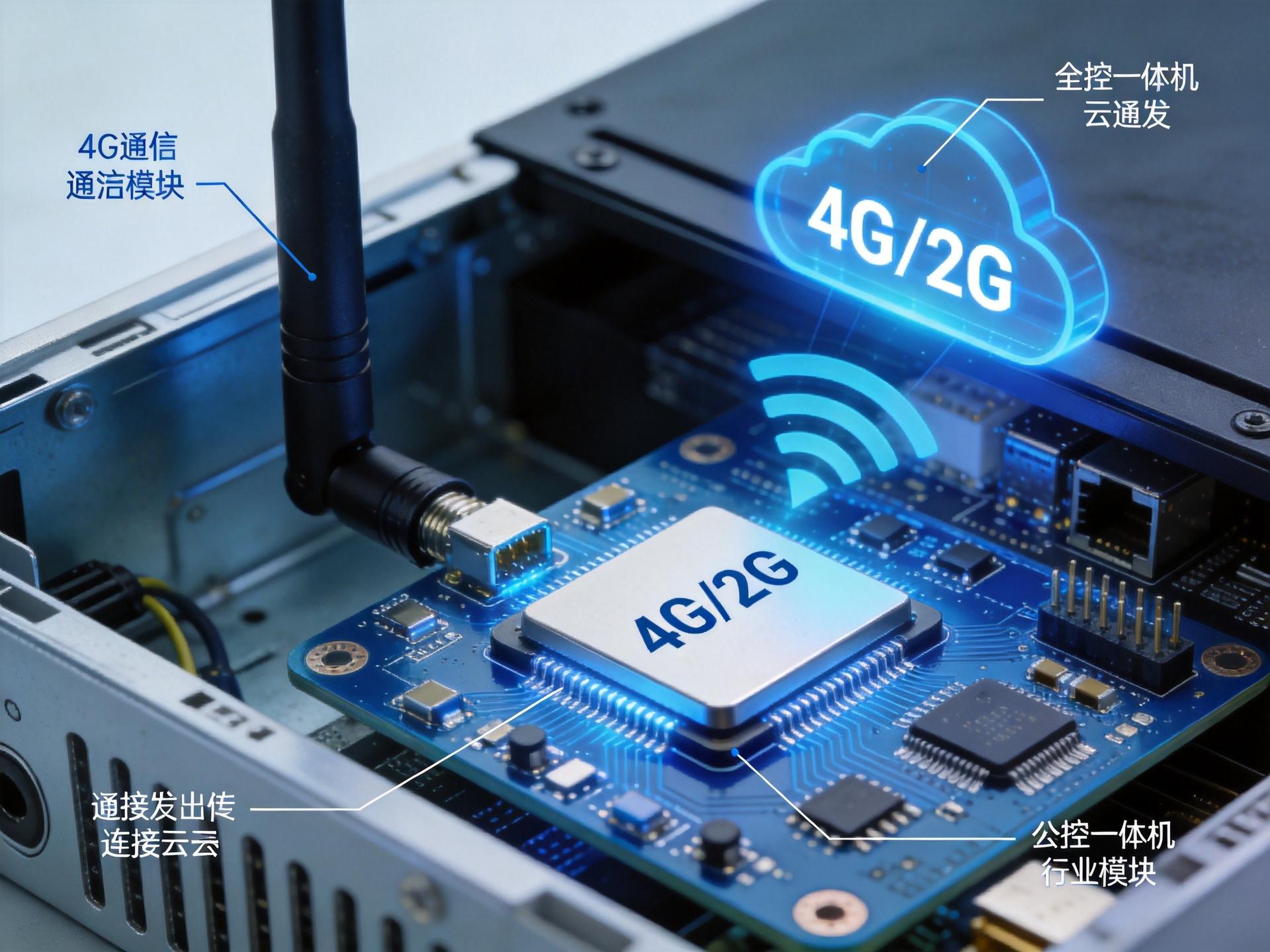 工控一体机内部主板上的4G/5G通信模块特写,天线接口和信号波可视化 工控一体机内部主板上的4G/5G通信模块特写,天线接口和信号波可视化