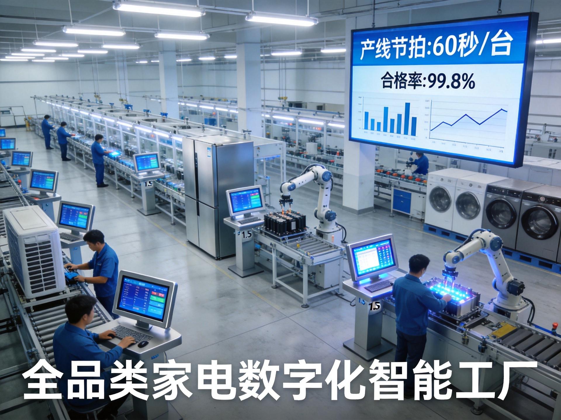 全品类家电数字化工厂,各产线工位标配21.5寸MES终端,大屏看板显示实时数据 全品类家电数字化工厂,各产线工位标配21.5寸MES终端,大屏看板显示实时数据