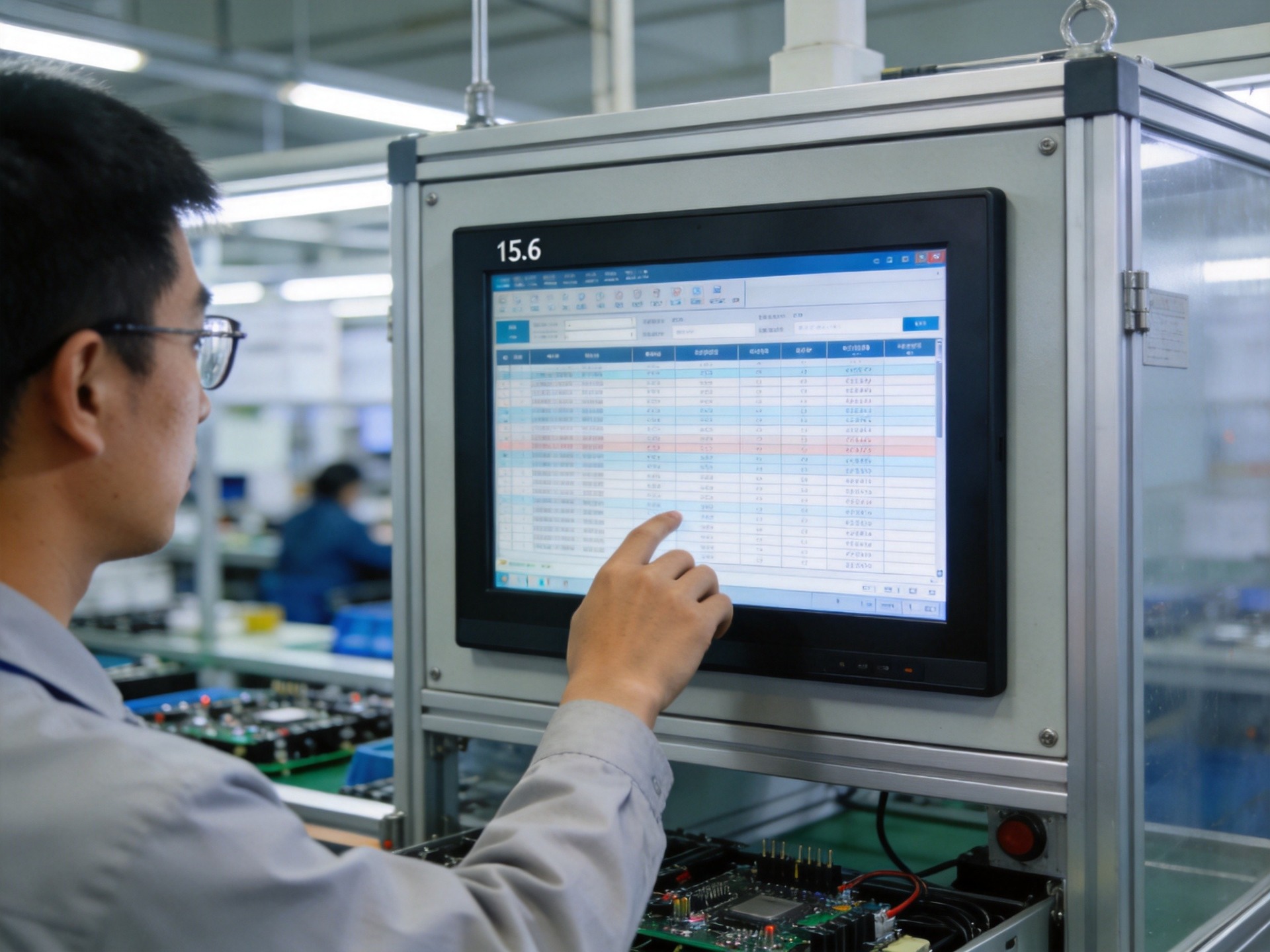 15.6寸工业平板电脑成本管理与数据报表界面 15.6寸工业平板电脑特写,屏幕显示数据报表界面,体现成本管理和性价比分析