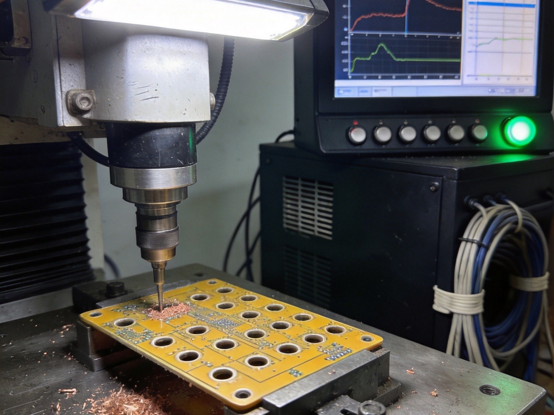 PCB制造产线多设备全景与工控一体机部署 PCB制造产线全景,多台数控钻孔设备运行,工控一体机作为控制终端,车间整洁明亮
