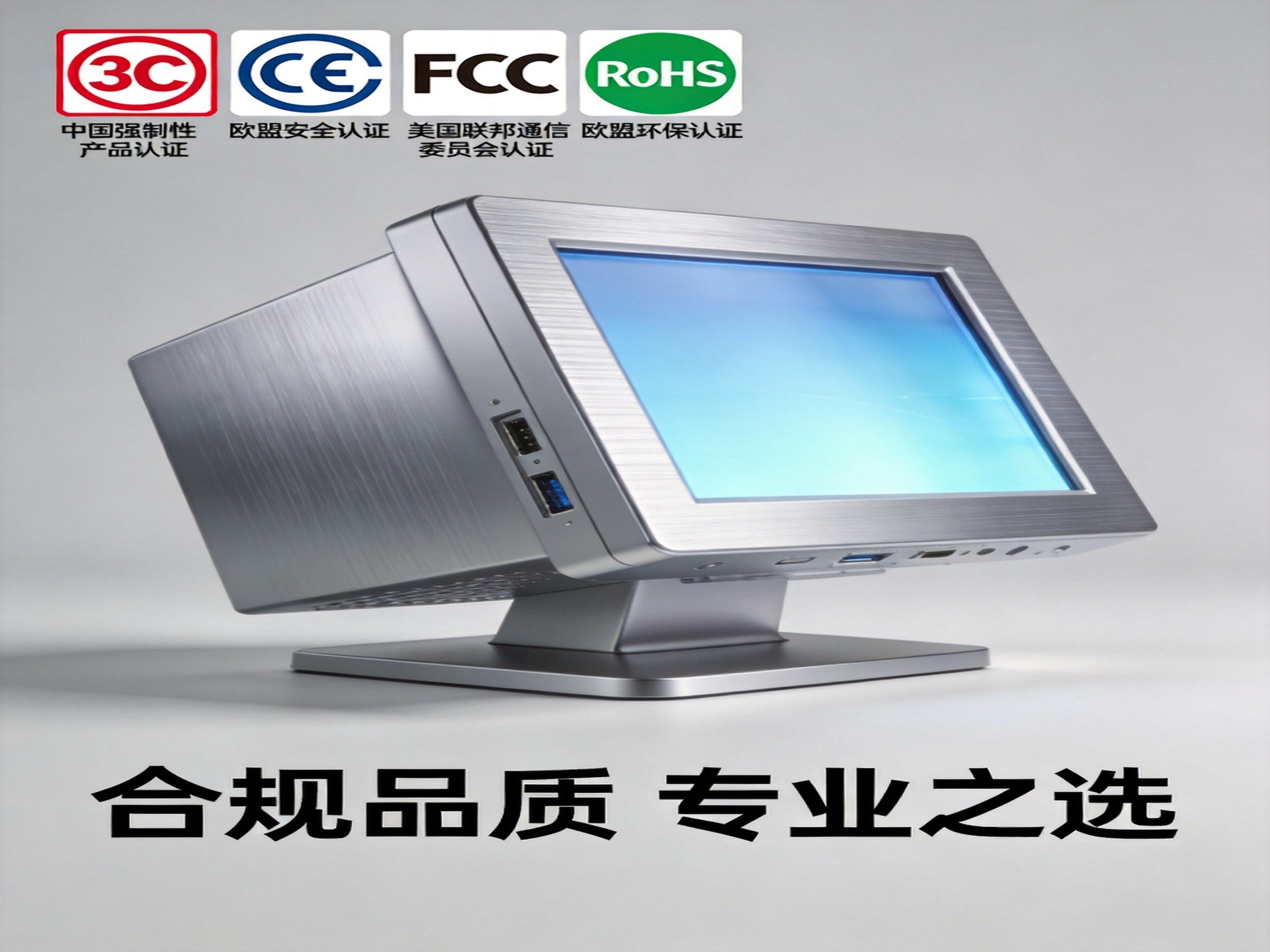3C认证证书和CE/FCC/RoHS国际认证标志展示，旁边是一台全铝合金工控一体机，体现合规资质