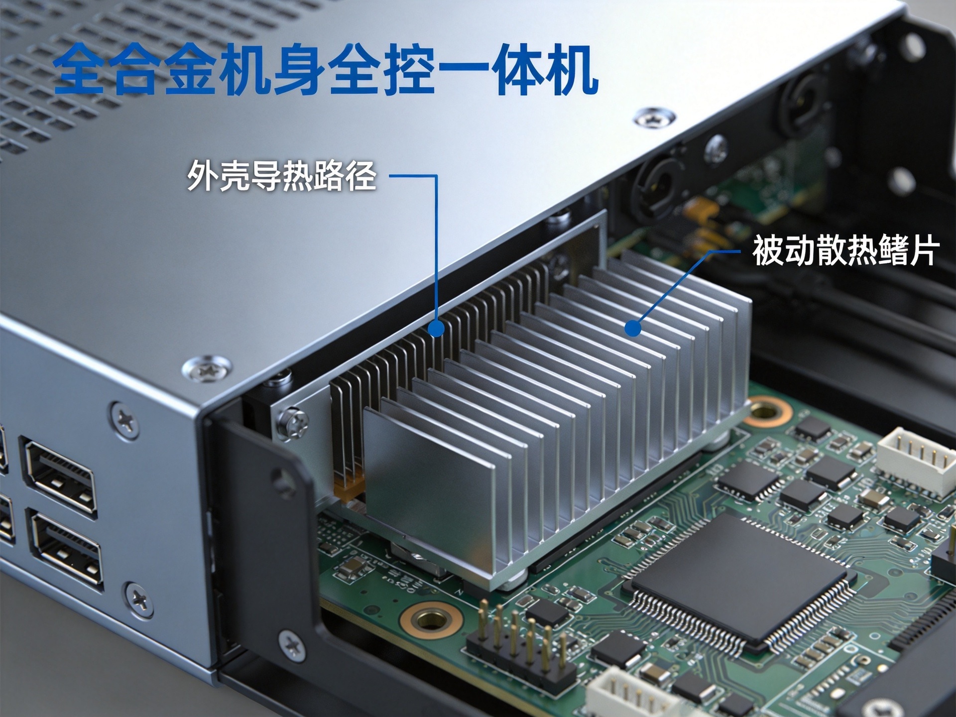 全铝合金机身被动散热原理与热成像效果 全铝合金机身工控一体机散热结构示意图,展示金属外壳导热和被动散热原理,热成像效果展示