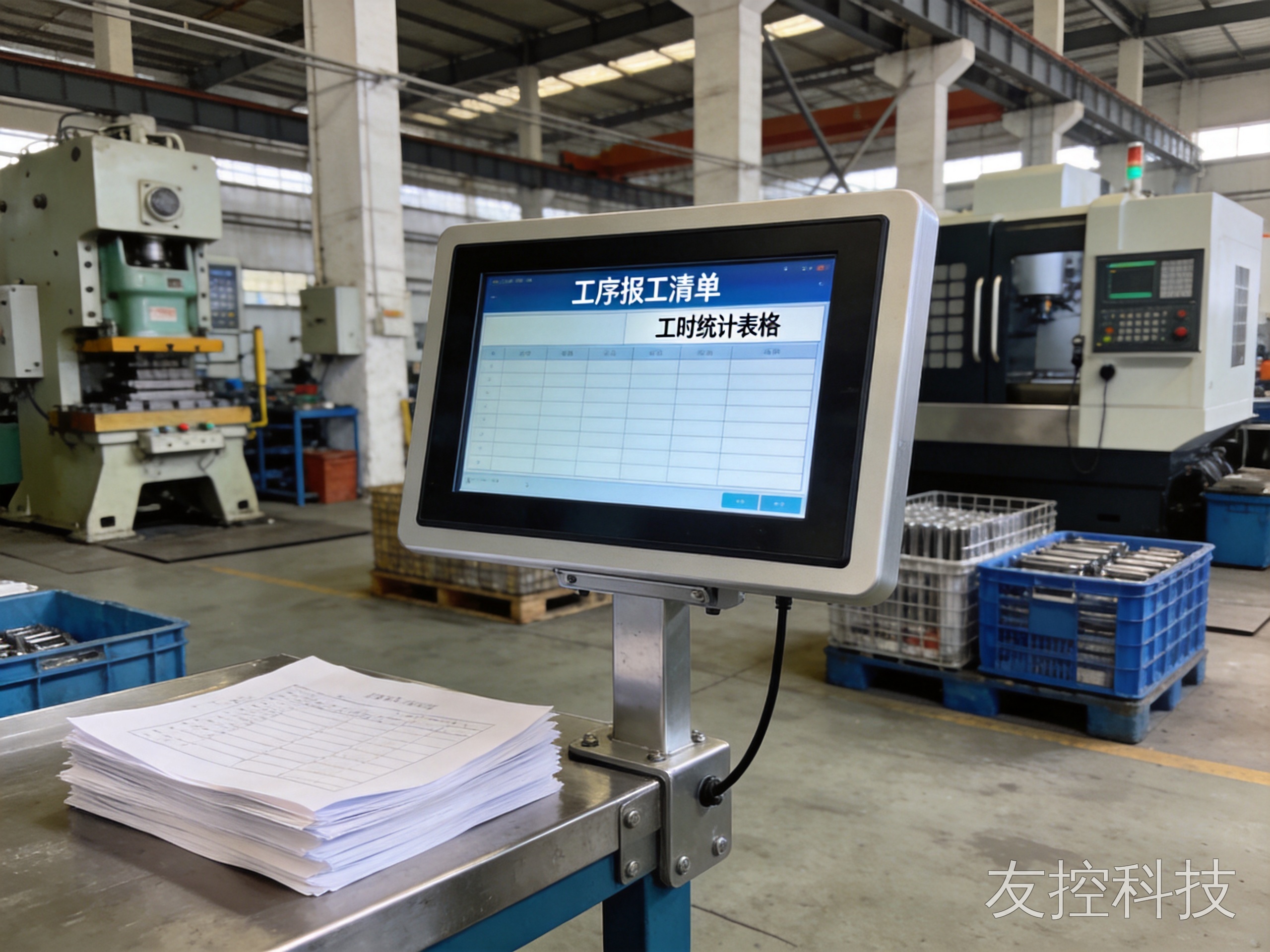 报工一体机 工位嵌入式安装与纸质报工单并存的车间现场图1