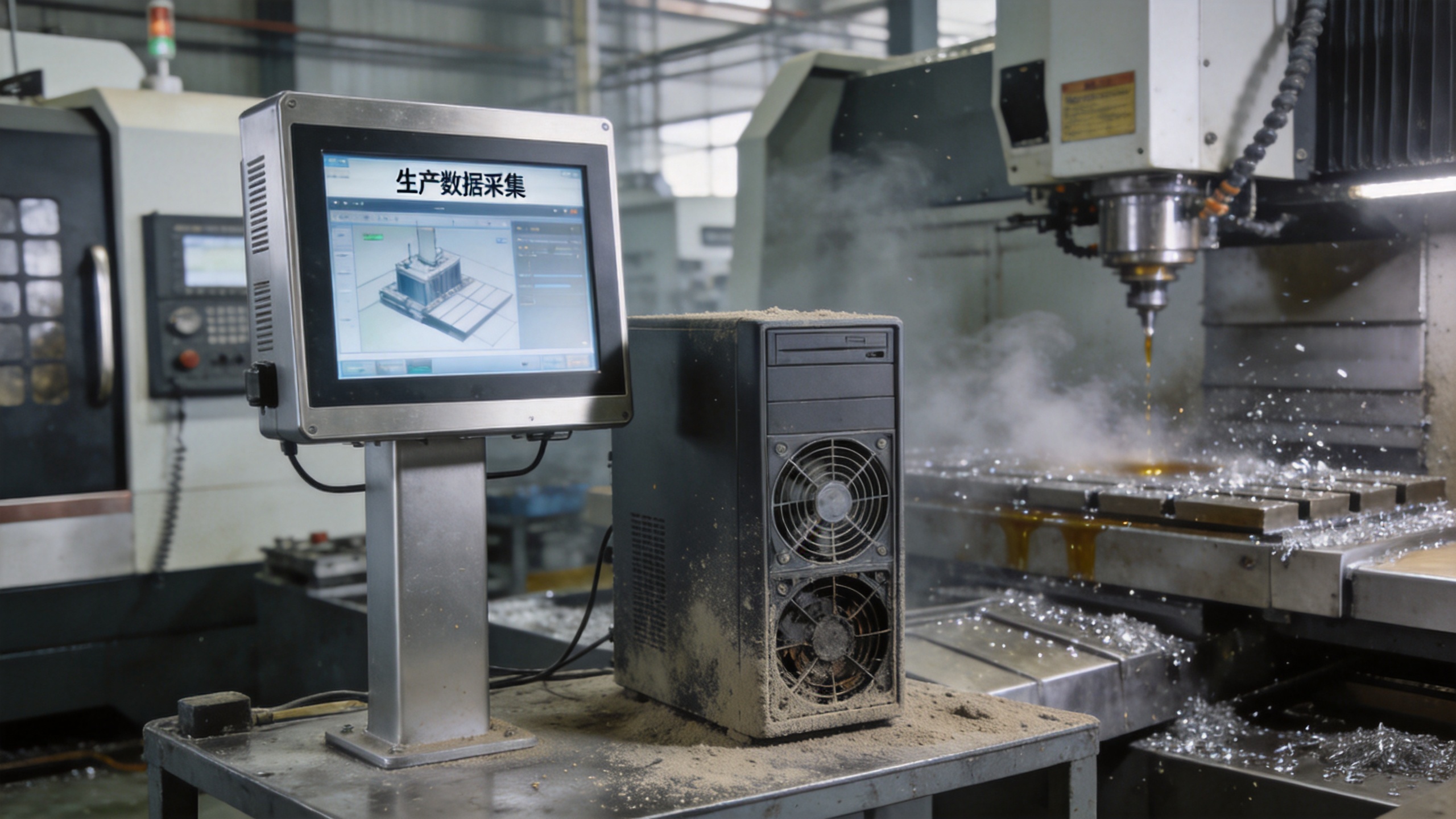 mes工业一体机 全封闭无风扇机身与积尘商用机箱在机加工车间的对比图2