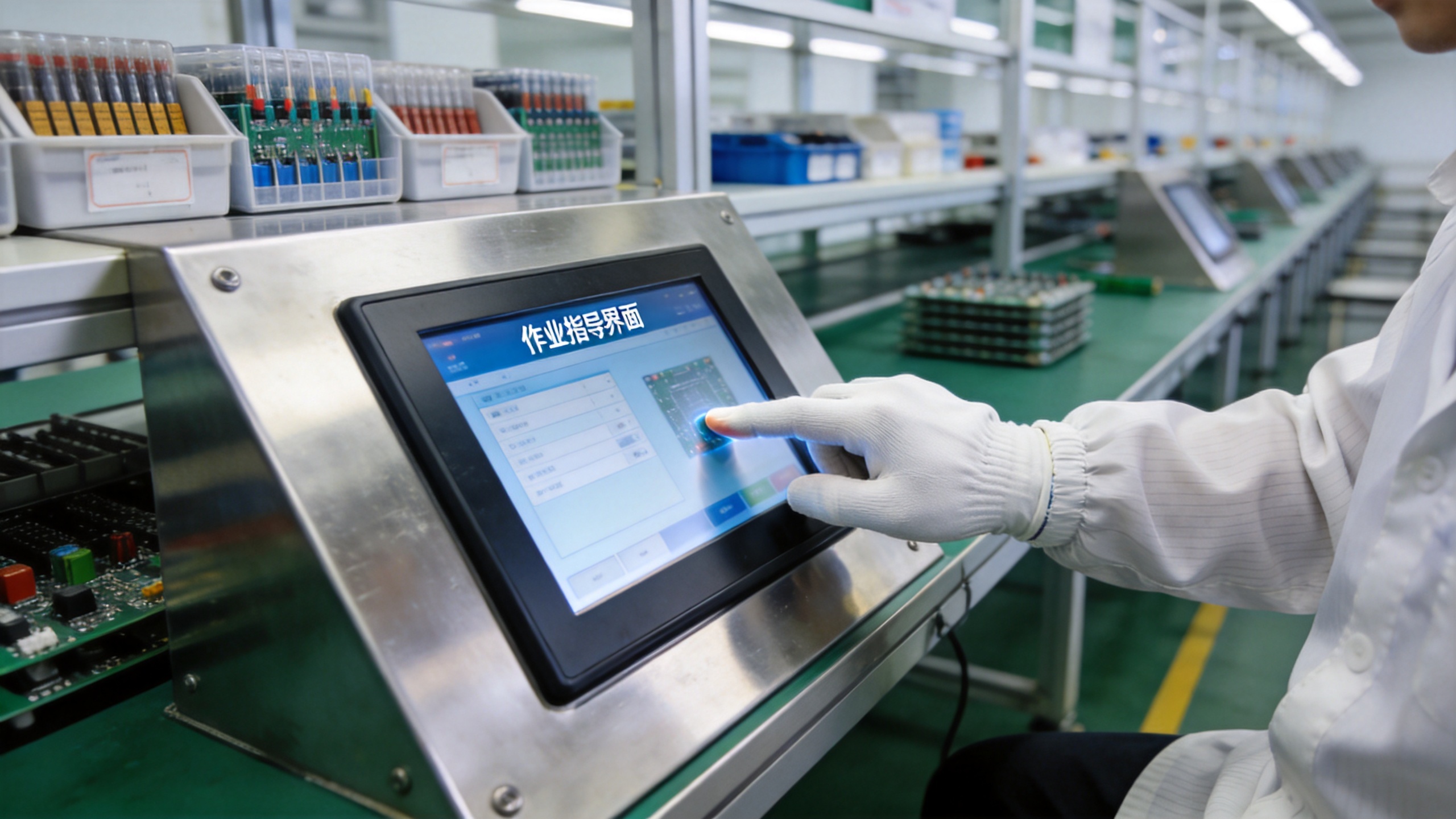 工控显示器 电子组装工位不锈钢台面嵌装的工业触摸显示器由戴防静电手套操作员触控图3