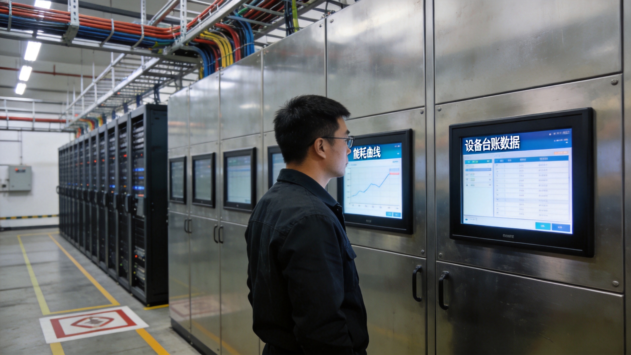 工控显示器 工厂配电控制机房金属柜面板整排嵌入式工业显示器呈现能耗曲线与设备台账图4