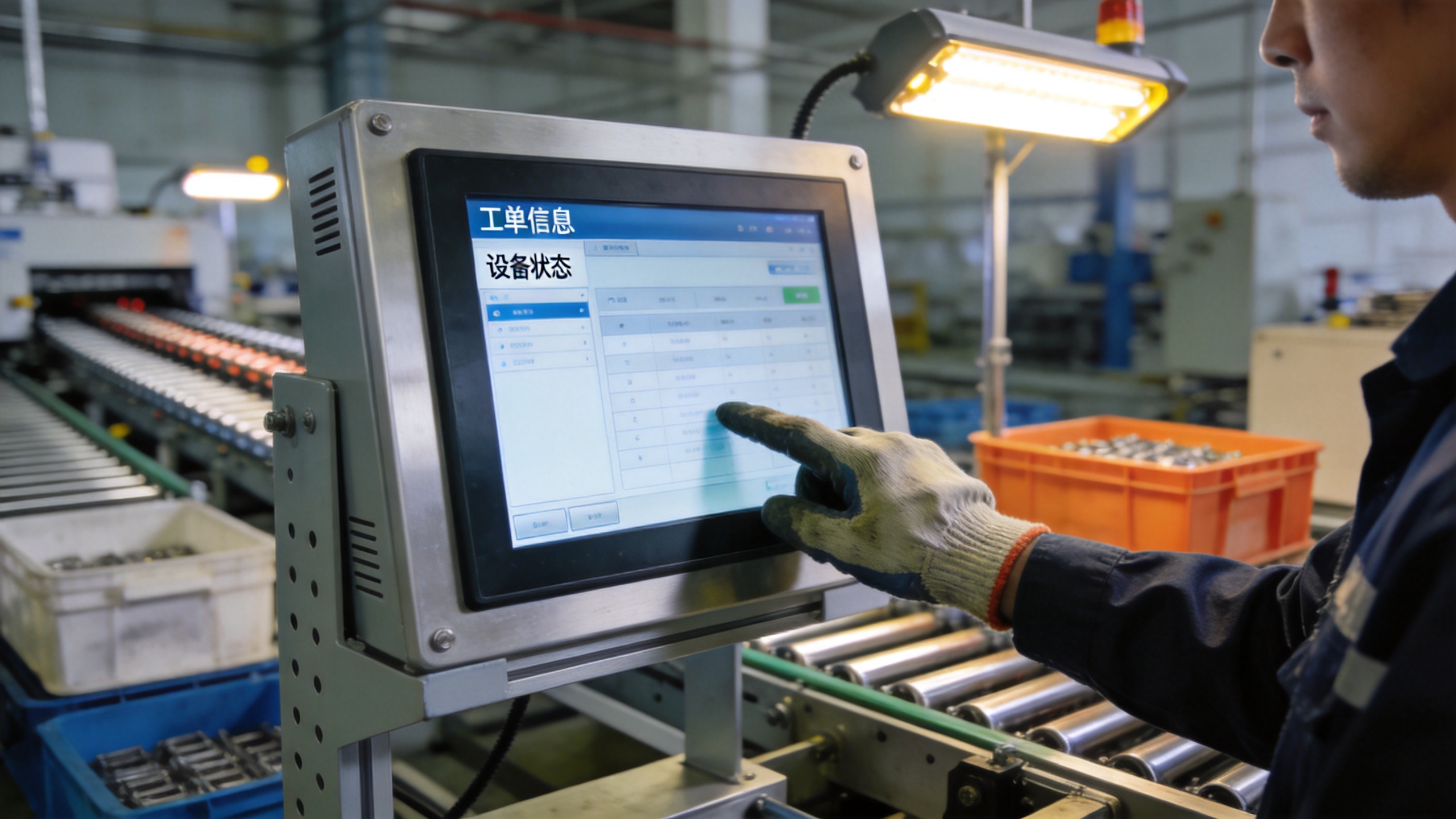 10.1工业显示器 装配产线工位全铝合金外嵌式工业触摸一体机技术人员戴手套录入工序数据图4
