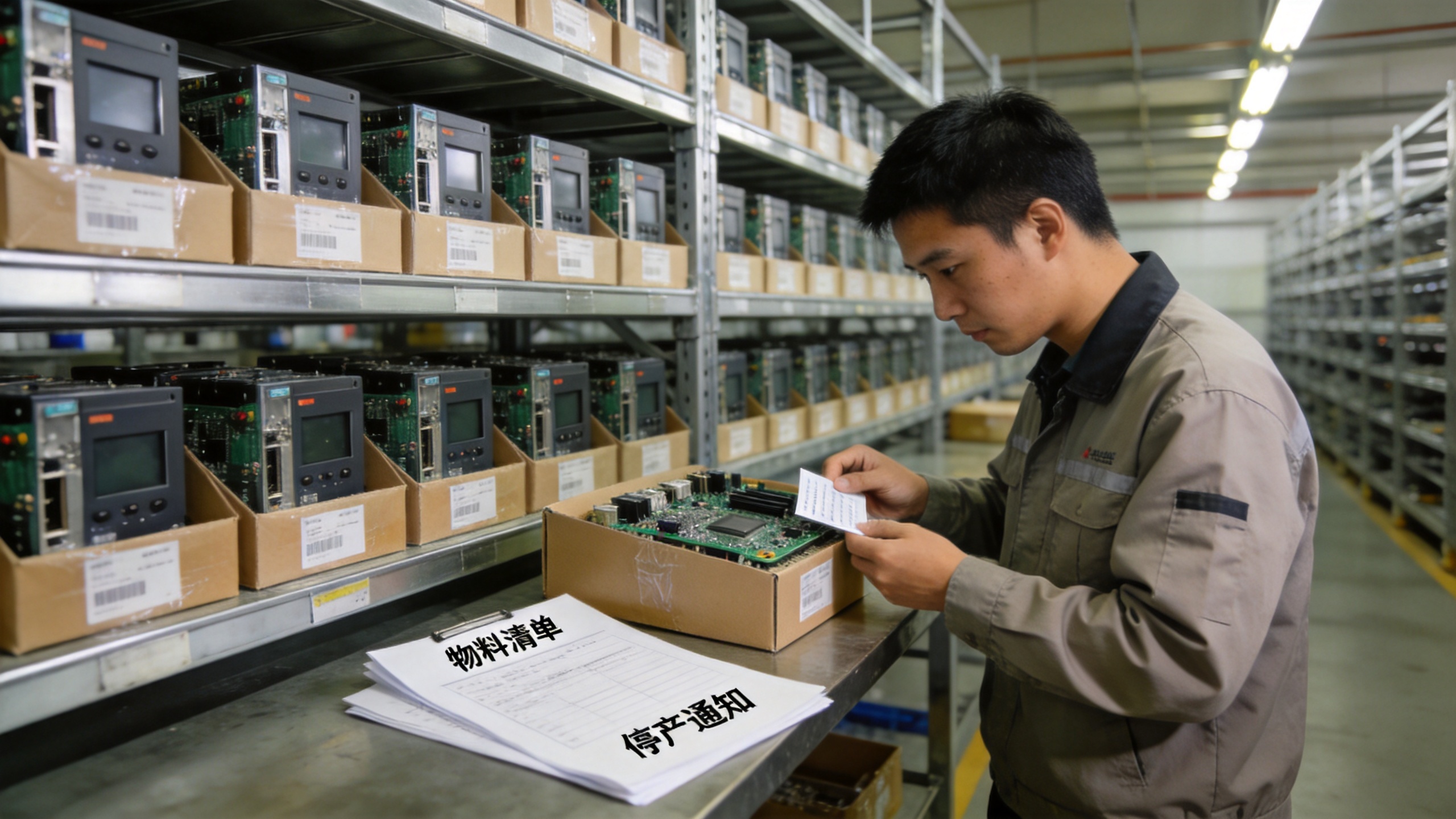 新能源工厂备件库房货架上同规格工控一体机备件与物料停产通知文件