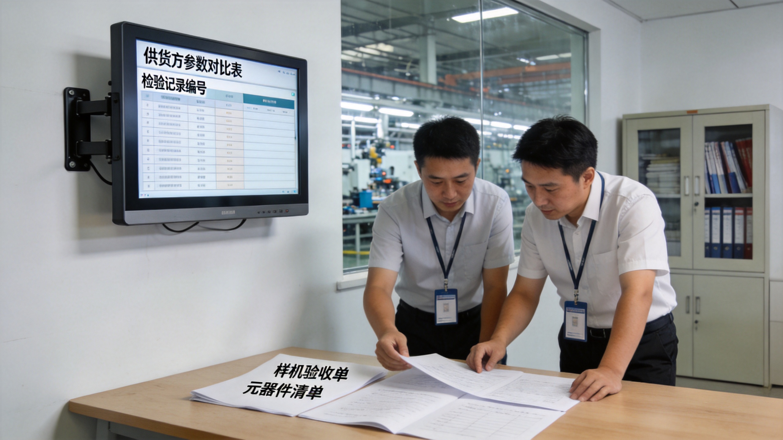 设备选型评审现场壁挂工业一体机显示多家供货方参数对比与检验记录编号列表