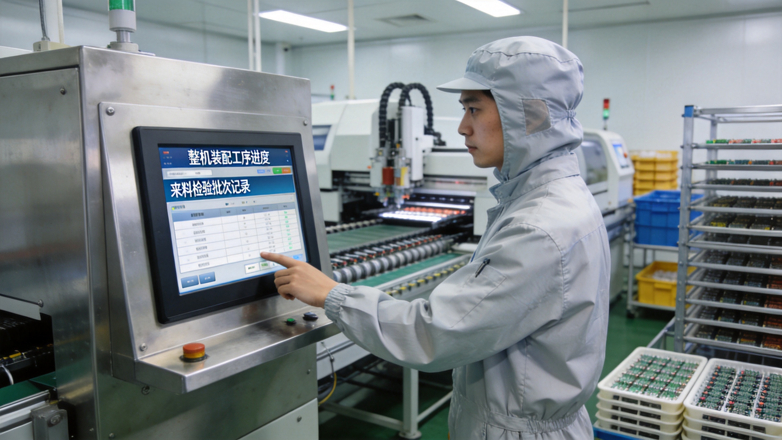 电子制造贴片车间嵌入式工业一体机显示整机装配工序与来料检验批次记录