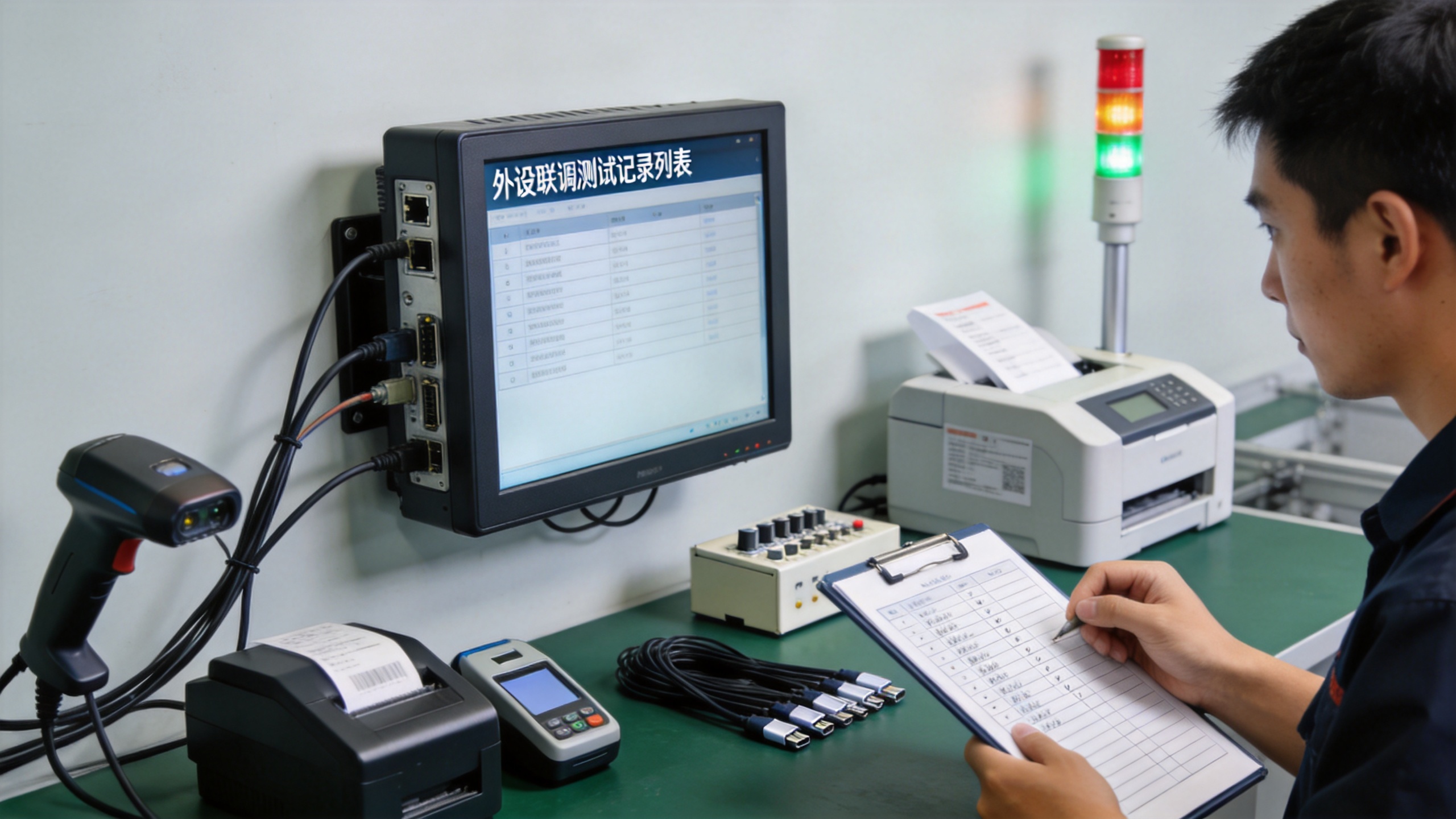 工程师在调试工位逐项核对扫码枪读卡器标签打印机与工业一体机的联调记录