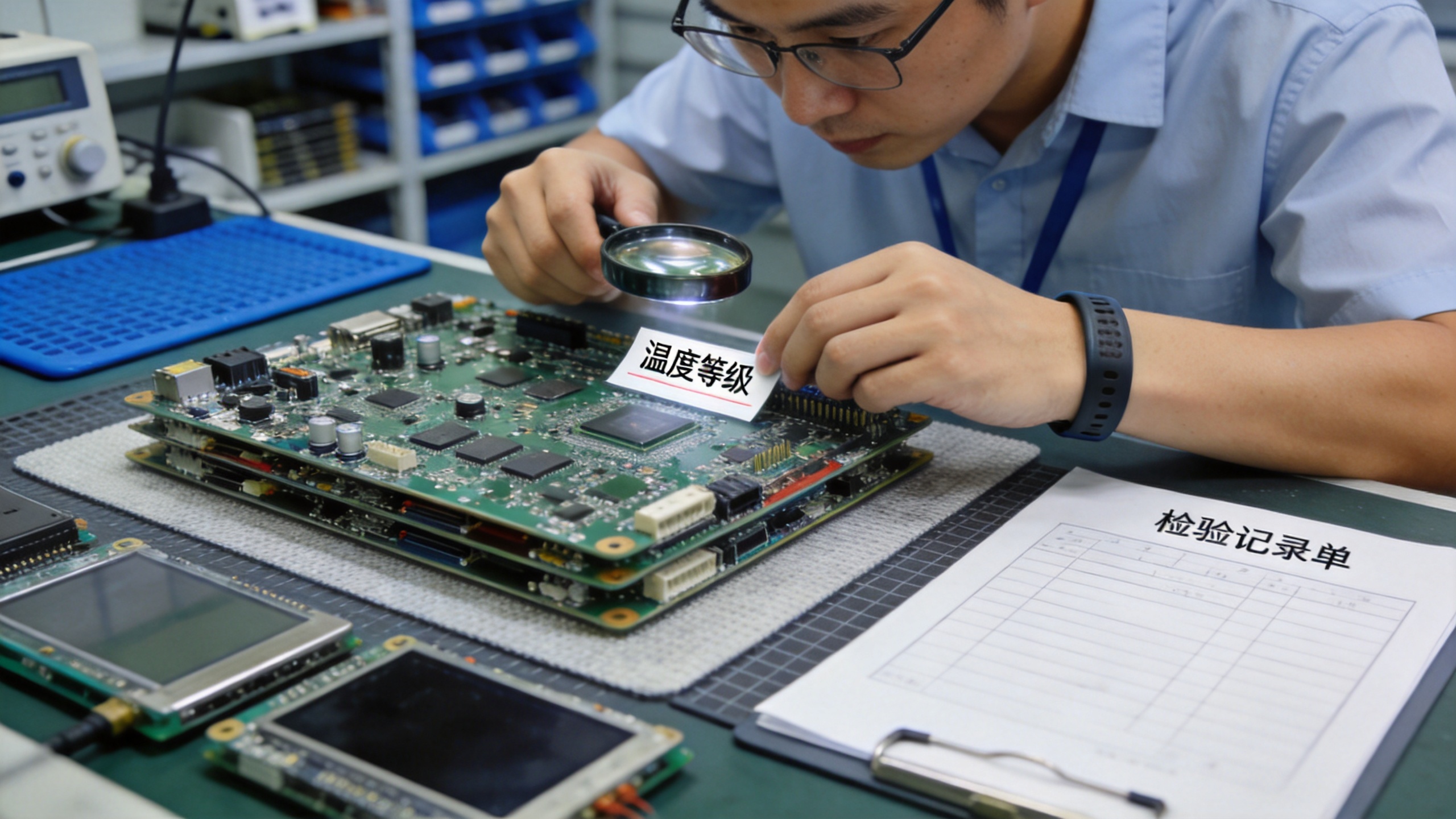 来料检验区工程师用放大镜核对工业主板层数与宽温元器件料号标签