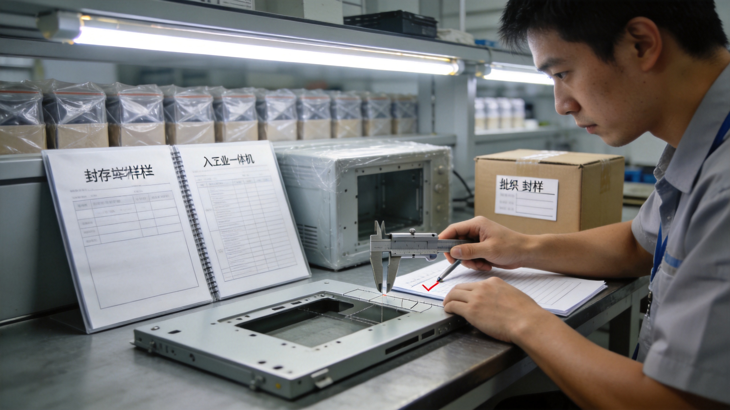 封存留样的嵌入式工业一体机样机与技术协议附件物料清单并列摆放在检验台