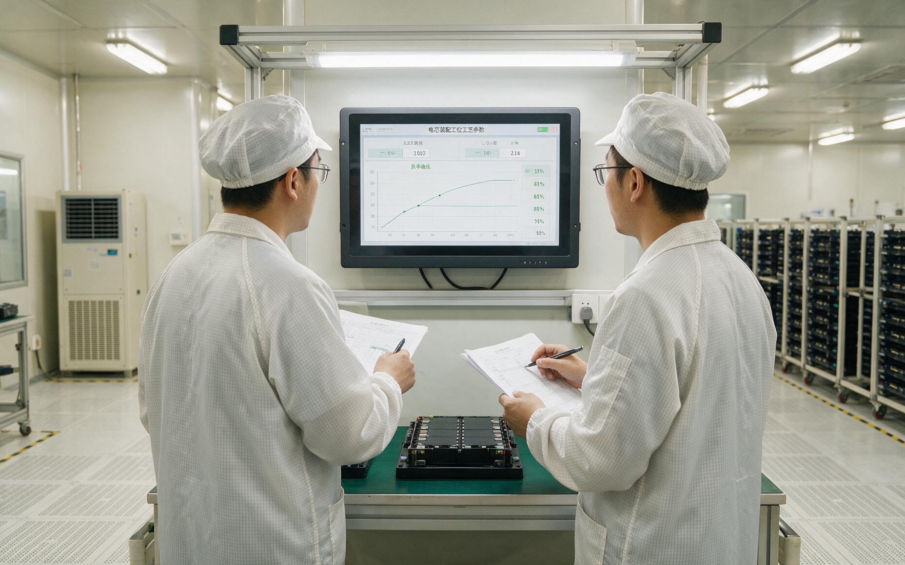 锂电洁净车间壁挂工位上的工控显示器