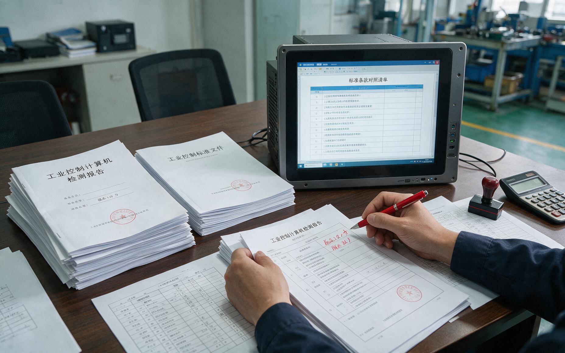 评标会议桌上摊开的检测报告与工控一体电脑