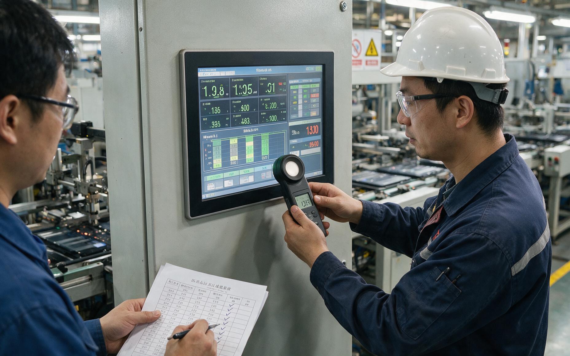 验收工程师在控制柜前用亮度计复测15寸工业显示屏