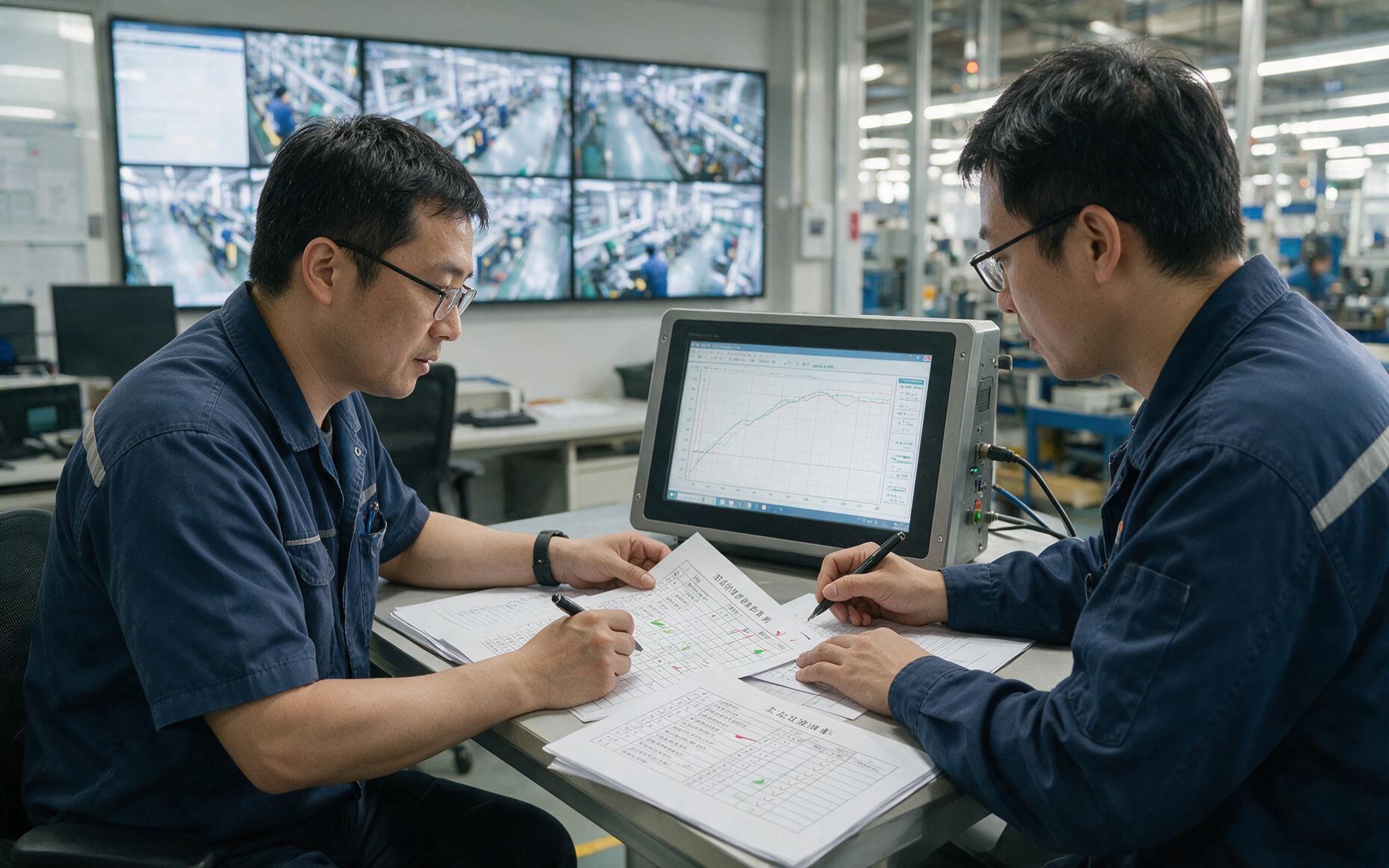 车间办公室评审桌上摊开工位动作清单与接口核对表，旁边一体机屏幕显示运行记录曲线，两名工程技术人员逐项核对