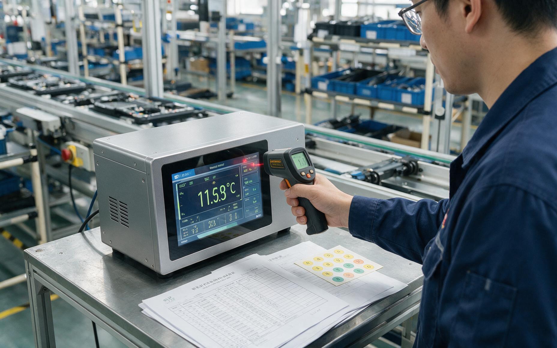 工程师用红外测温仪测量连续运行中的工业一体机机身表面温度