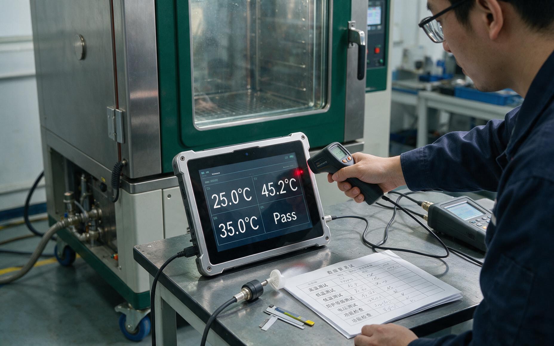 环境试验室内工程师用红外测温仪扫描工业平板一体机样机面板边缘，旁边摆着喷雾喷头、塞尺与写满测试项的记录表