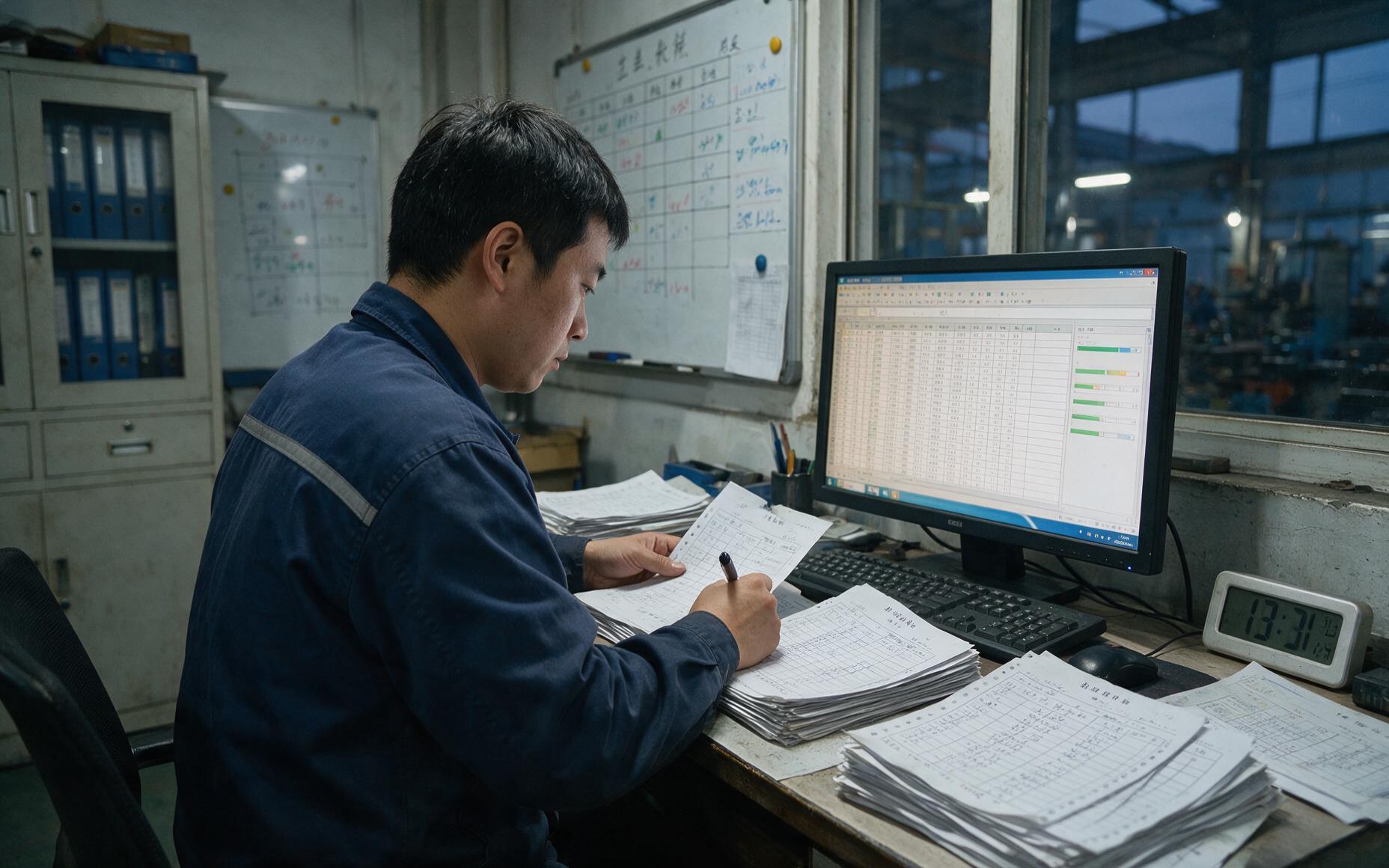 车间统计员办公桌前摊开成叠报工单与手写报表，正对台式电脑表格逐行录入，桌角时钟指向傍晚