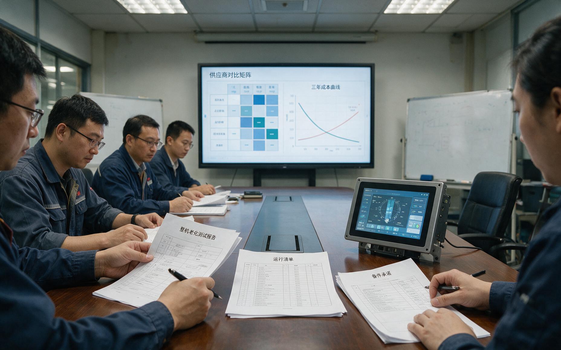 制造企业会议室内墙面屏显示着供应商对比矩阵与三年成本曲线，长桌上摊着整机老化测试报告、运行清单与备件承诺三份文件，工程与采购人员逐份核对，桌角摆着壁挂安装的工业触摸一体机样机