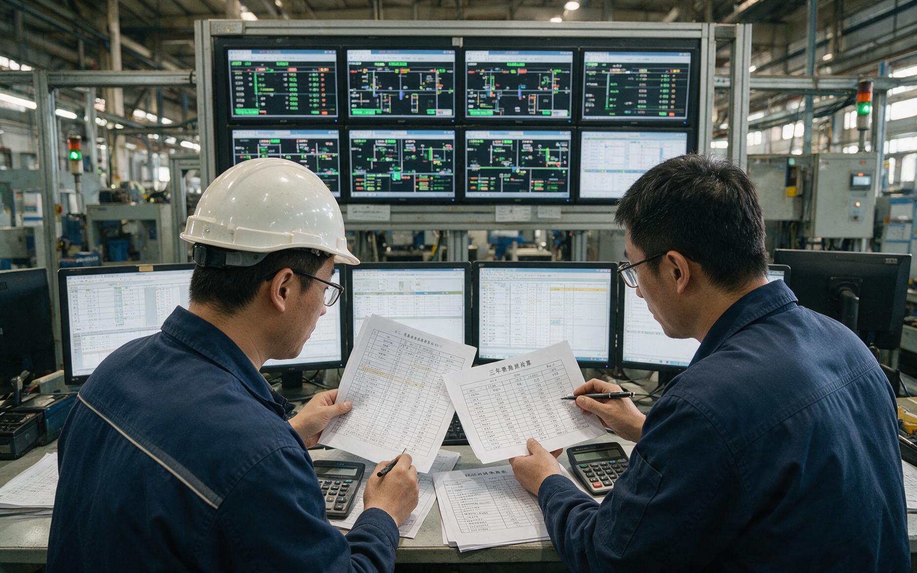 调度室内由多块工业显示器拼成的通道看板墙显示产线数据，两名工程师对照纸质参数表与三年费用测算表逐项核对
