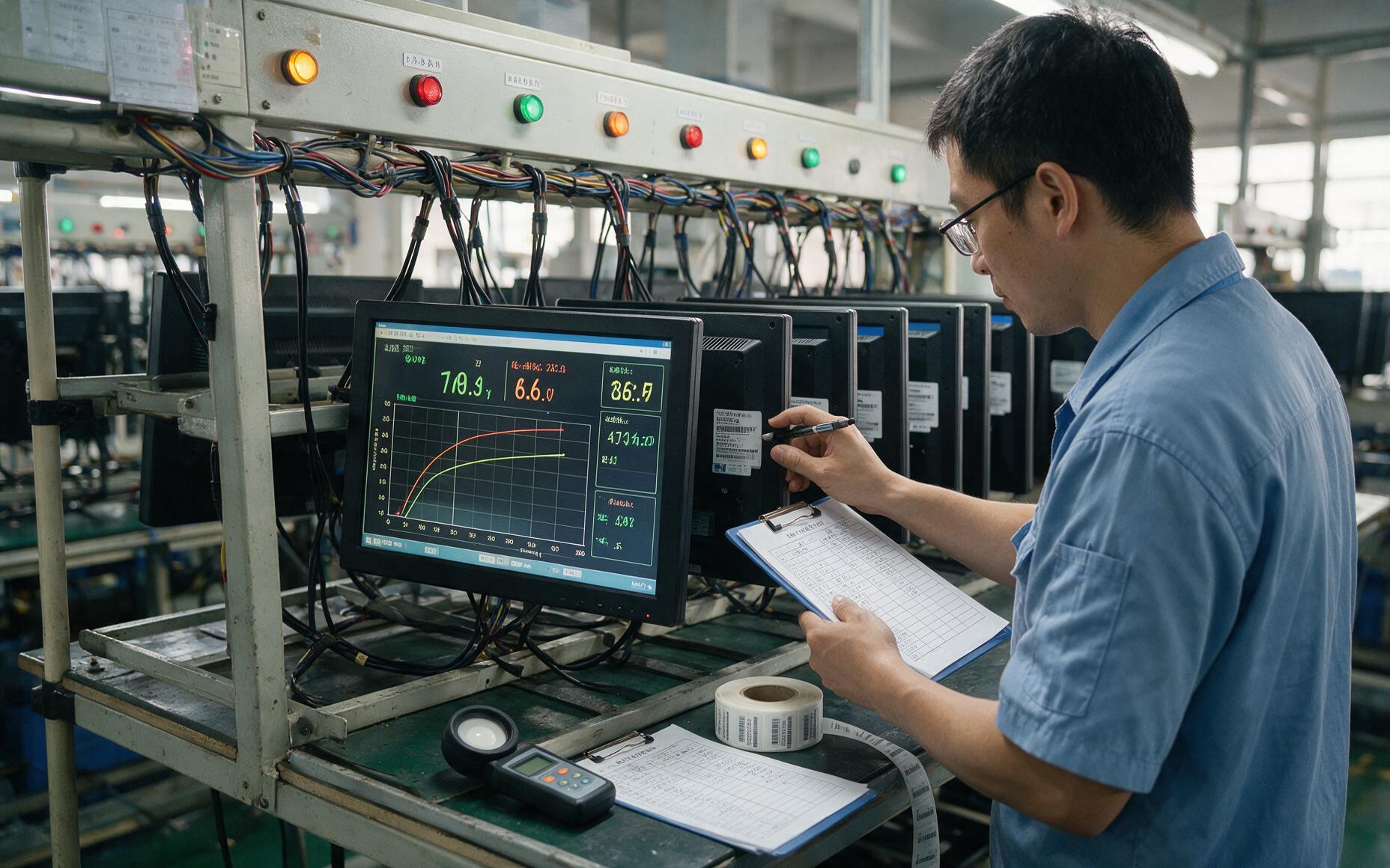 出厂检验区老化架上多台工业显示器连续点亮运行，质检工程师持点检表按序列号逐台核对机身标签与亮度记录