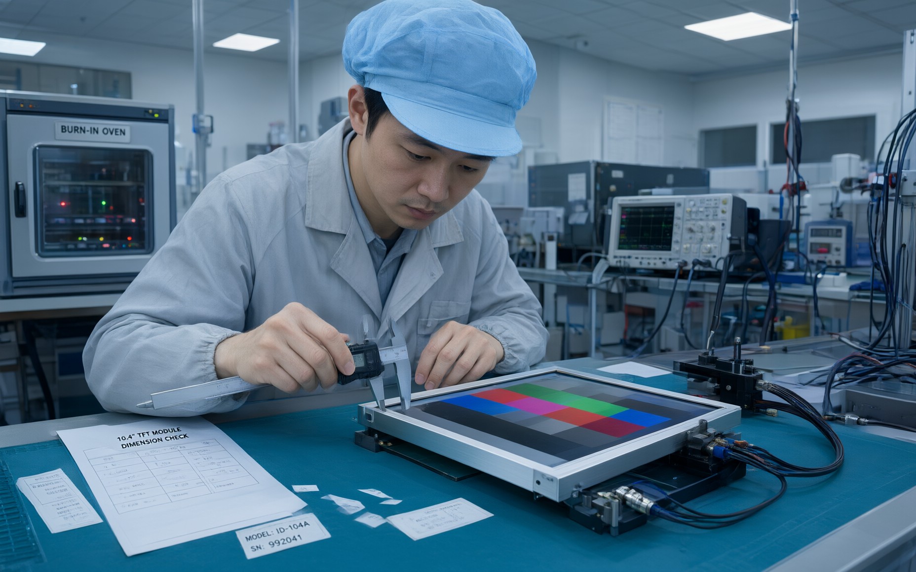 电子物料检测间质检工程师用卡尺测量10.4寸工业显示器模组的外形尺寸与安装孔位，旁边摊开参数清单与型号后缀标签