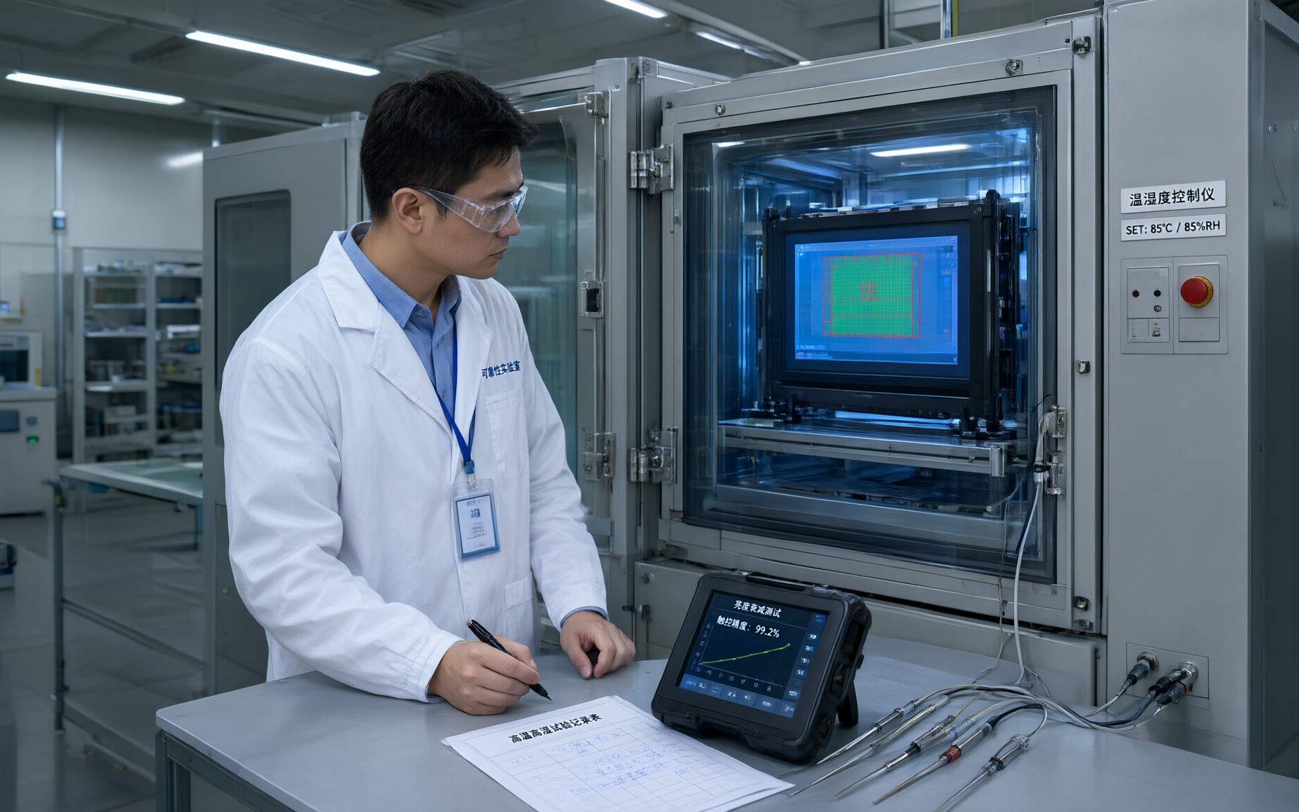 可靠性实验室温湿度试验箱内固定安装的工业显示器样机保持点亮，工程师在箱外数据采集仪上记录亮度衰减与触控精度数据