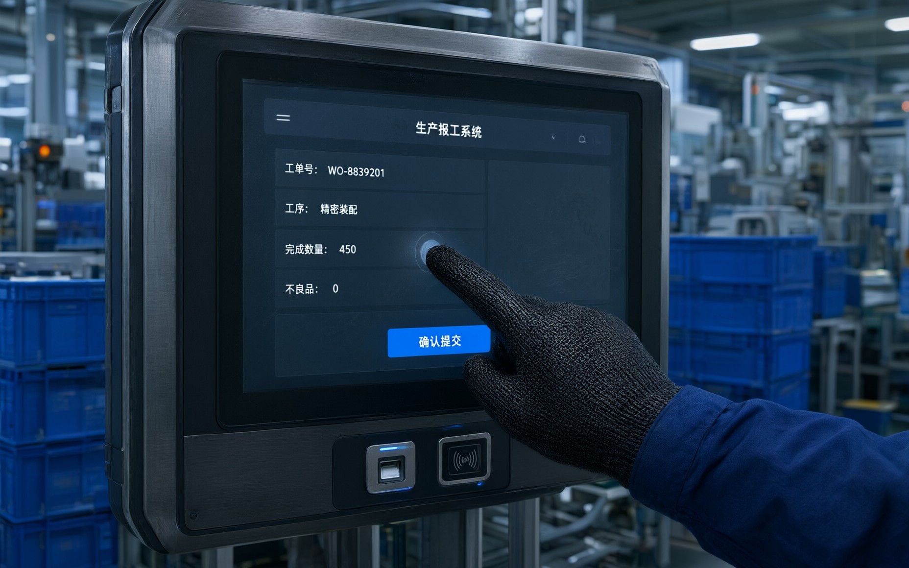 戴防割手套的工人在工业一体机雾面电容屏上点选报工界面，前面板下沿集成指纹识别模块与刷卡感应区