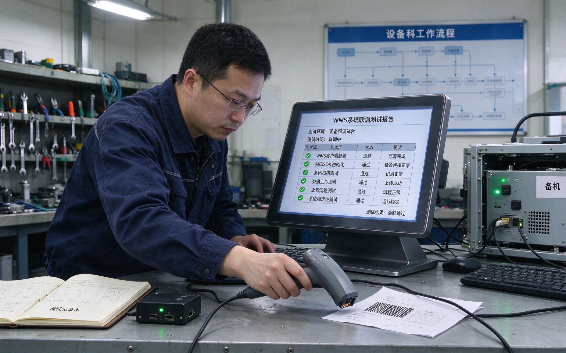 设备科工程师在备机上部署WMS客户端与扫码SDK，屏幕显示系统联调通过的测试报告