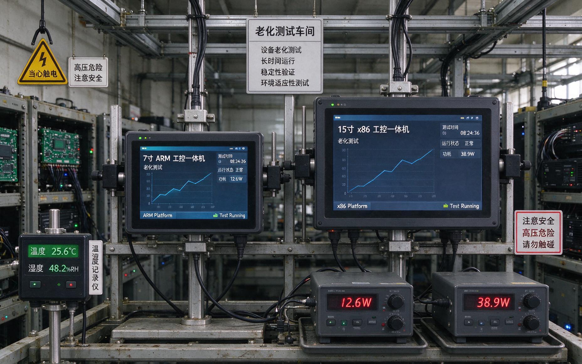 老化测试架上一台ARM平台7寸工控一体机与一台x86平台15寸工控一体机并排点亮，功率计显示两台功耗差异