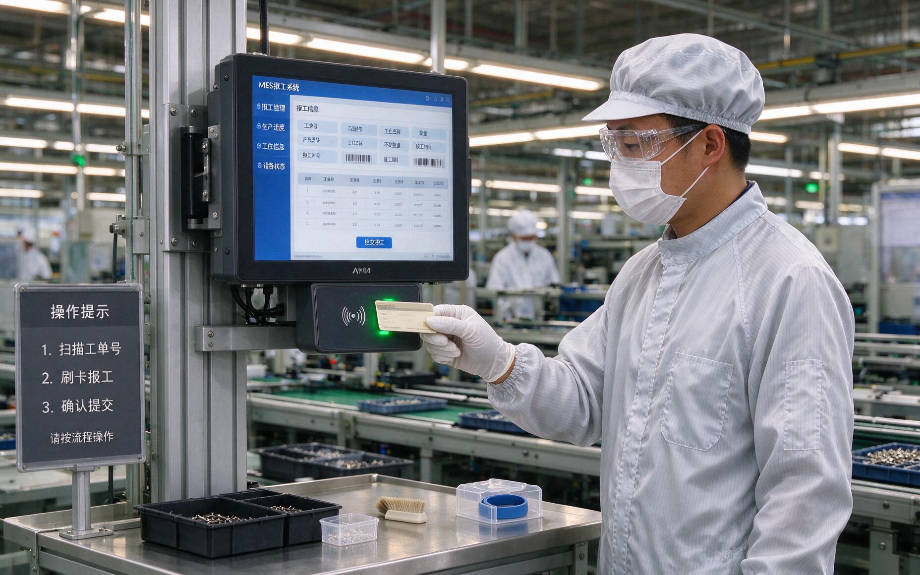 MES产线工位上一台ARM平台前置刷卡工控一体机，操作工正在刷卡报工