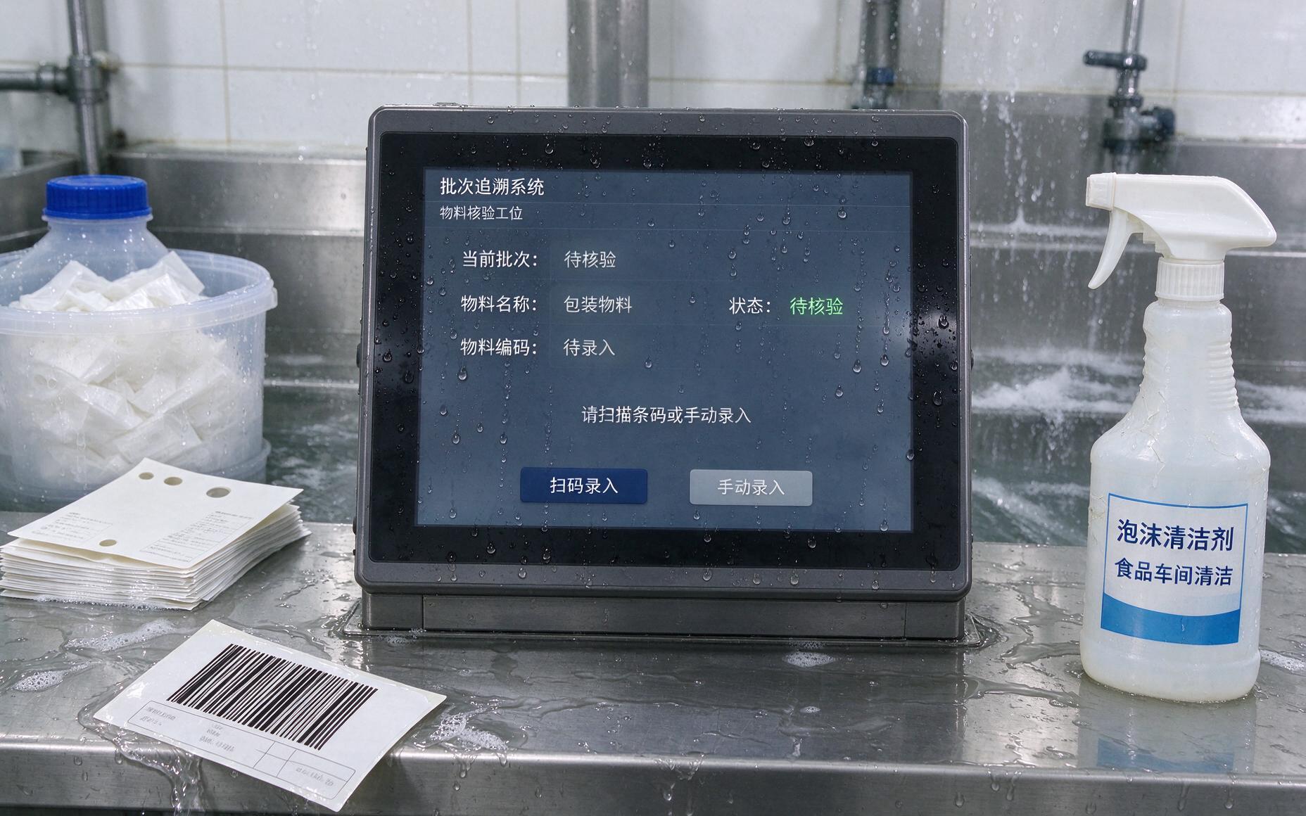 嵌入式工业触摸一体机嵌装在不锈钢操作台面板上，触控屏幕表面挂着细密水珠，显示批次追溯录入界面