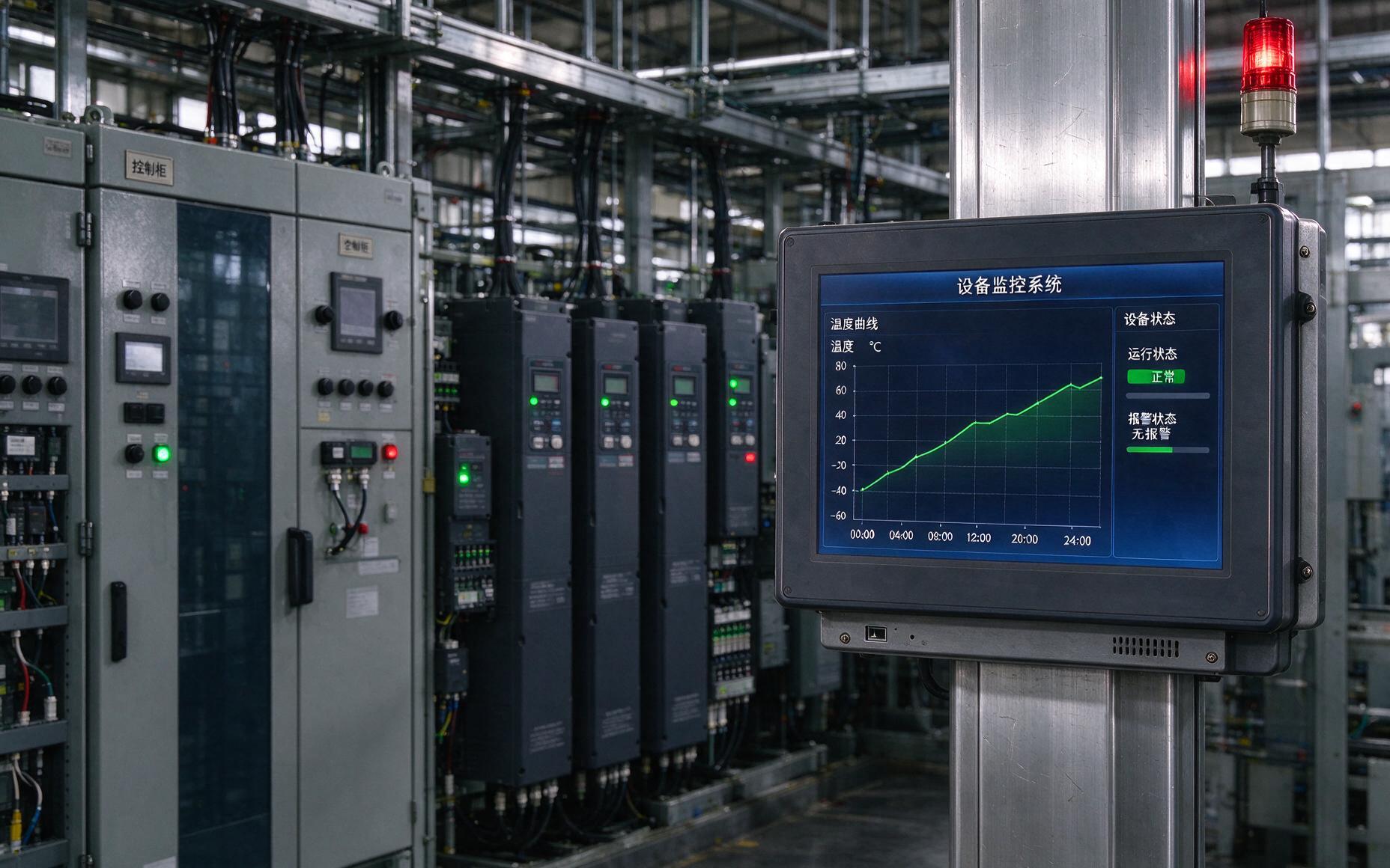 变频器密集的自动化产线旁，一台壁挂式宽温工业一体机安装在金属立柱上，屏幕显示温度监控曲线