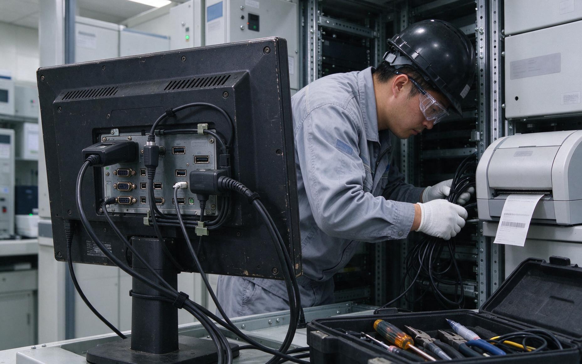 医院自助终端机柜内，一台工业工控电脑的背部接口面板连接着读卡器与打印机的线缆