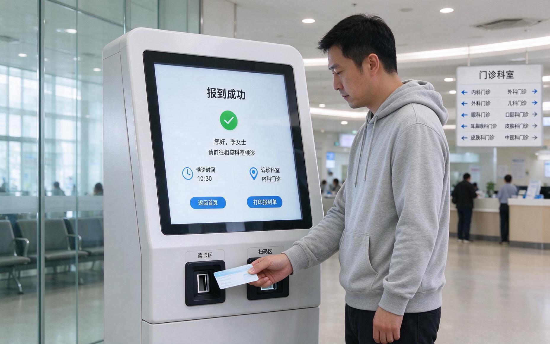 医院门诊自助报到机柜中嵌入一台工业触摸一体机，患者正抬手在识别区刷卡报到