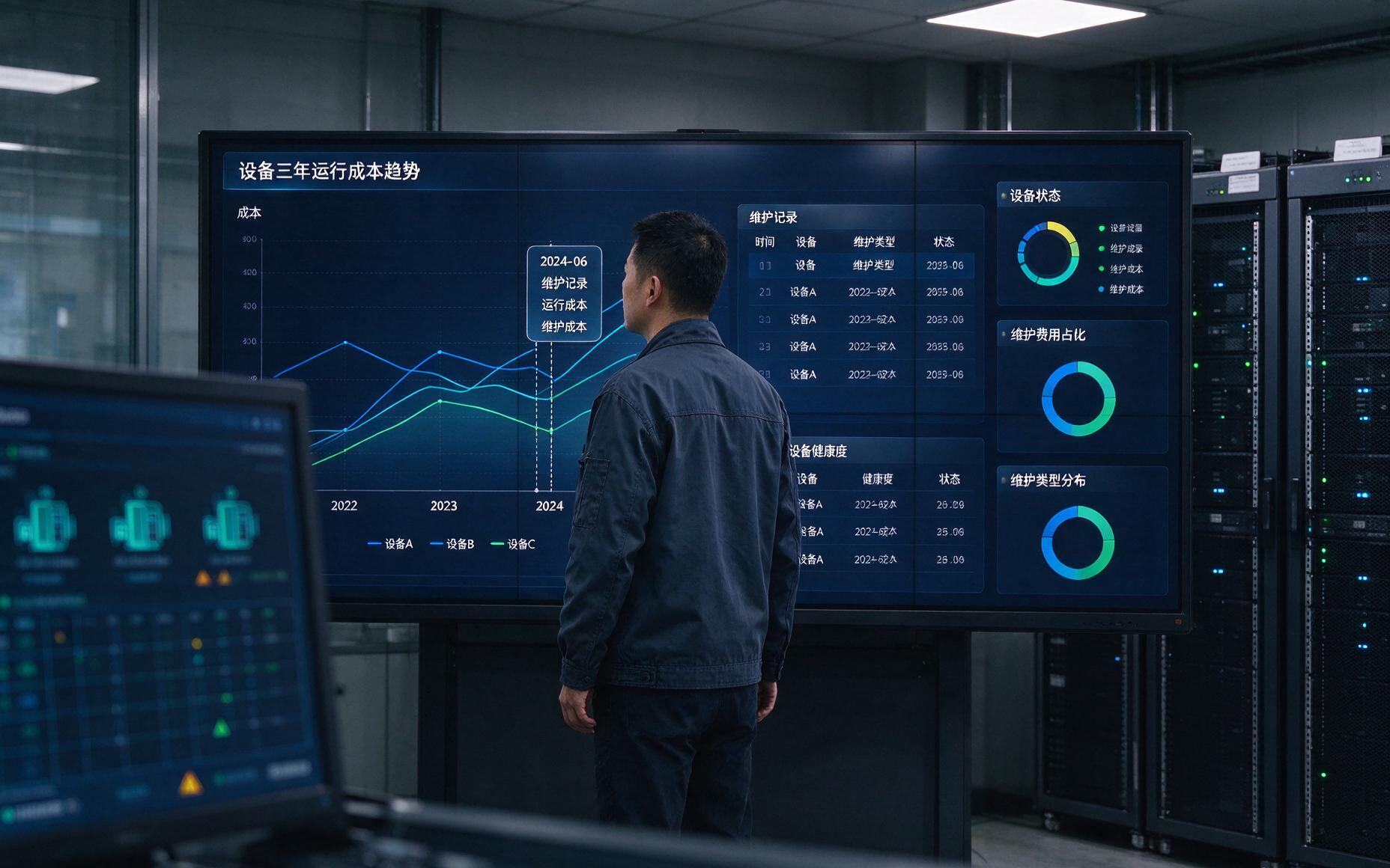 工厂监控室拼接大屏前，运维主管查看产线设备三年运行成本曲线