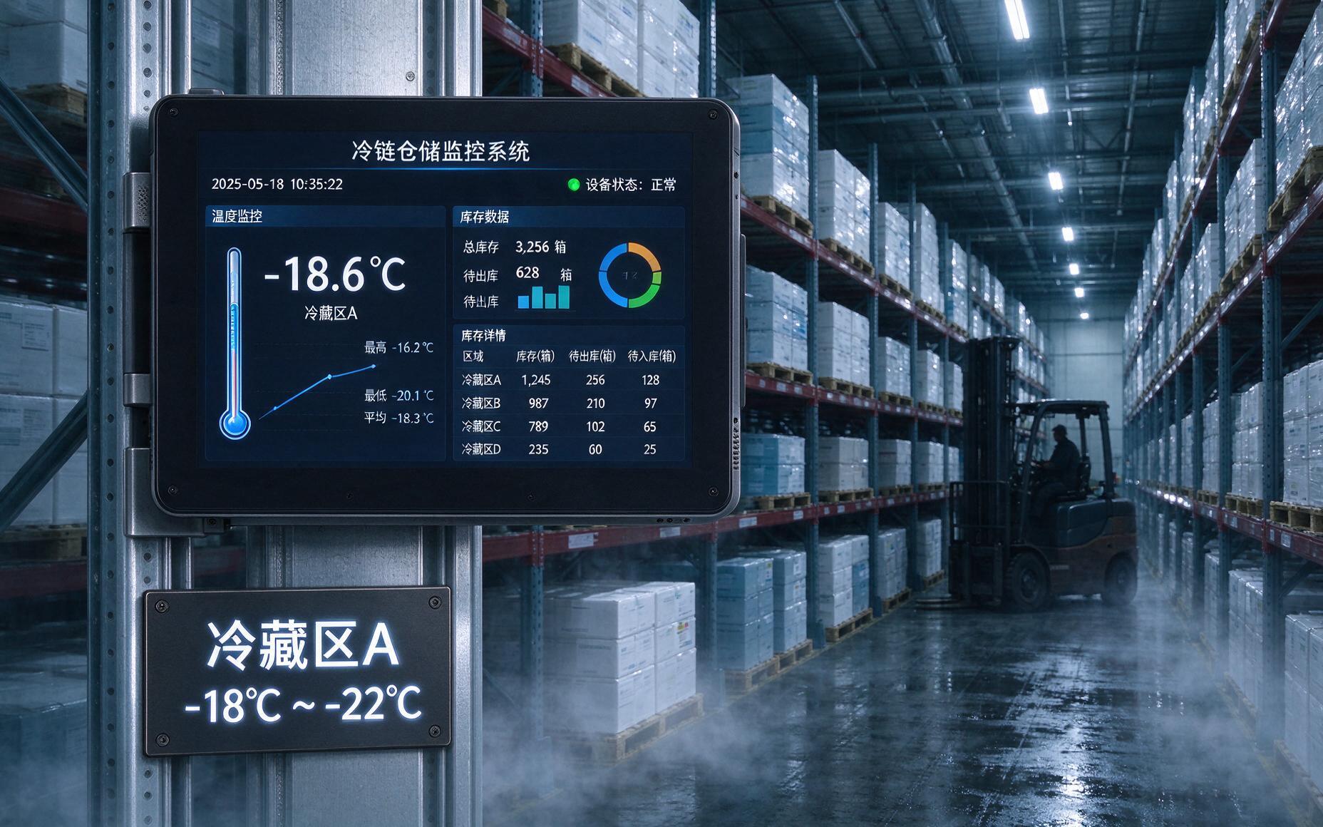 冷链仓储车间中，一台壁挂式工业一体机触摸屏固定在金属货架立柱上，屏幕显示温度监控与库存数据界面，屏面玻璃平整无凝露