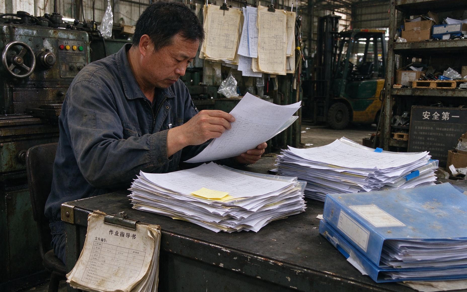 车间工位桌上堆叠的纸质作业指导书与文件夹