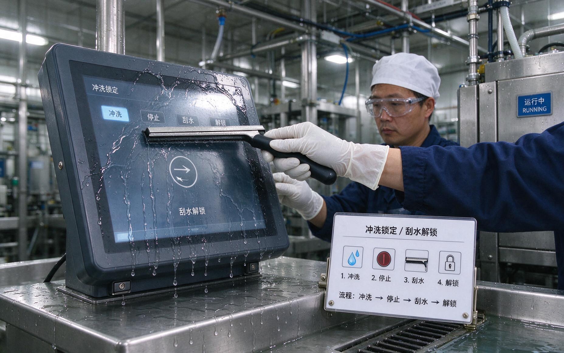 斜面安装的工业触控终端旁贴着冲洗锁定刮水解锁的操作卡，地面排水通畅