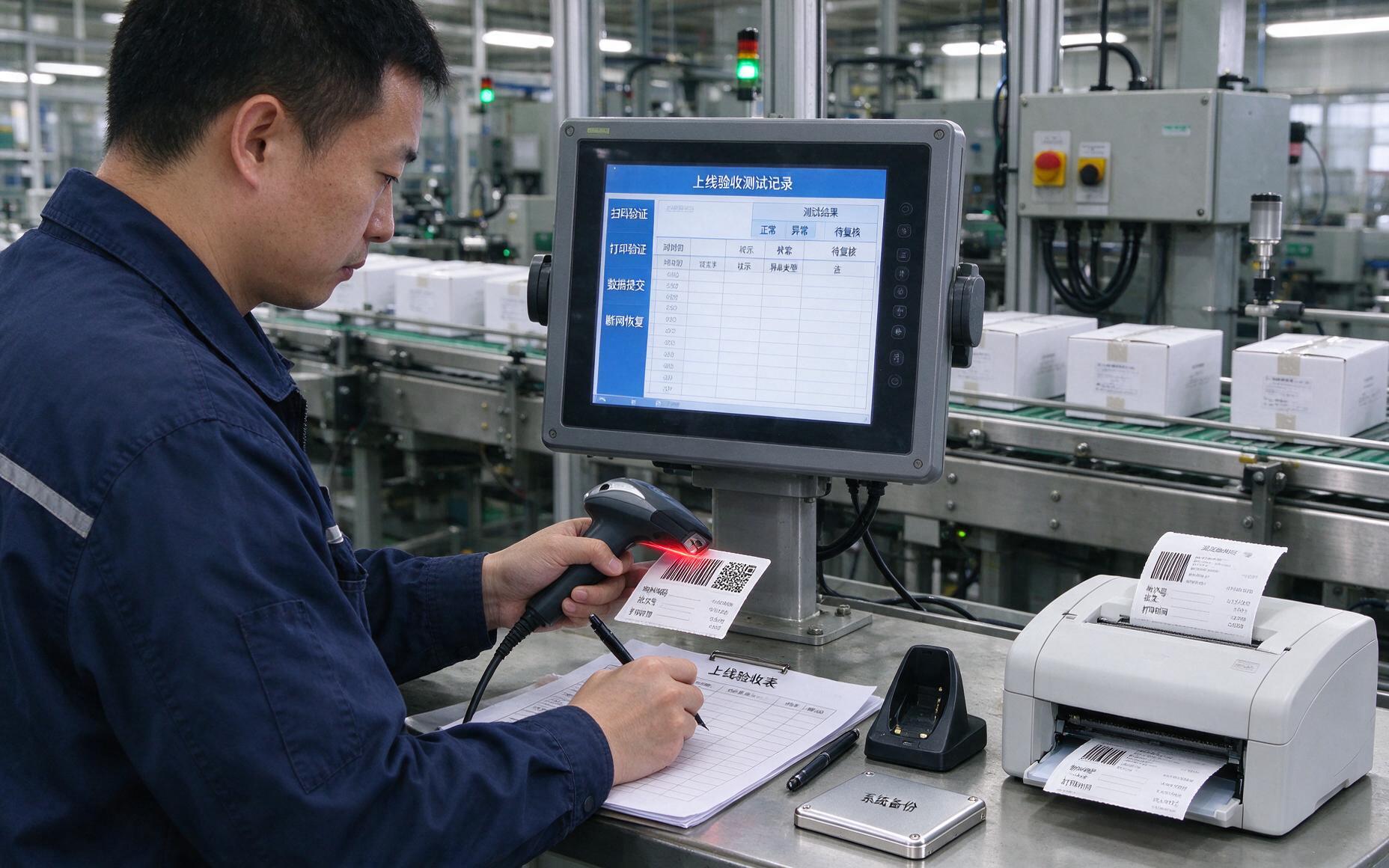 包装车间工程师使用真实工单和标签对触摸终端进行整班次的扫码打印与断网恢复测试